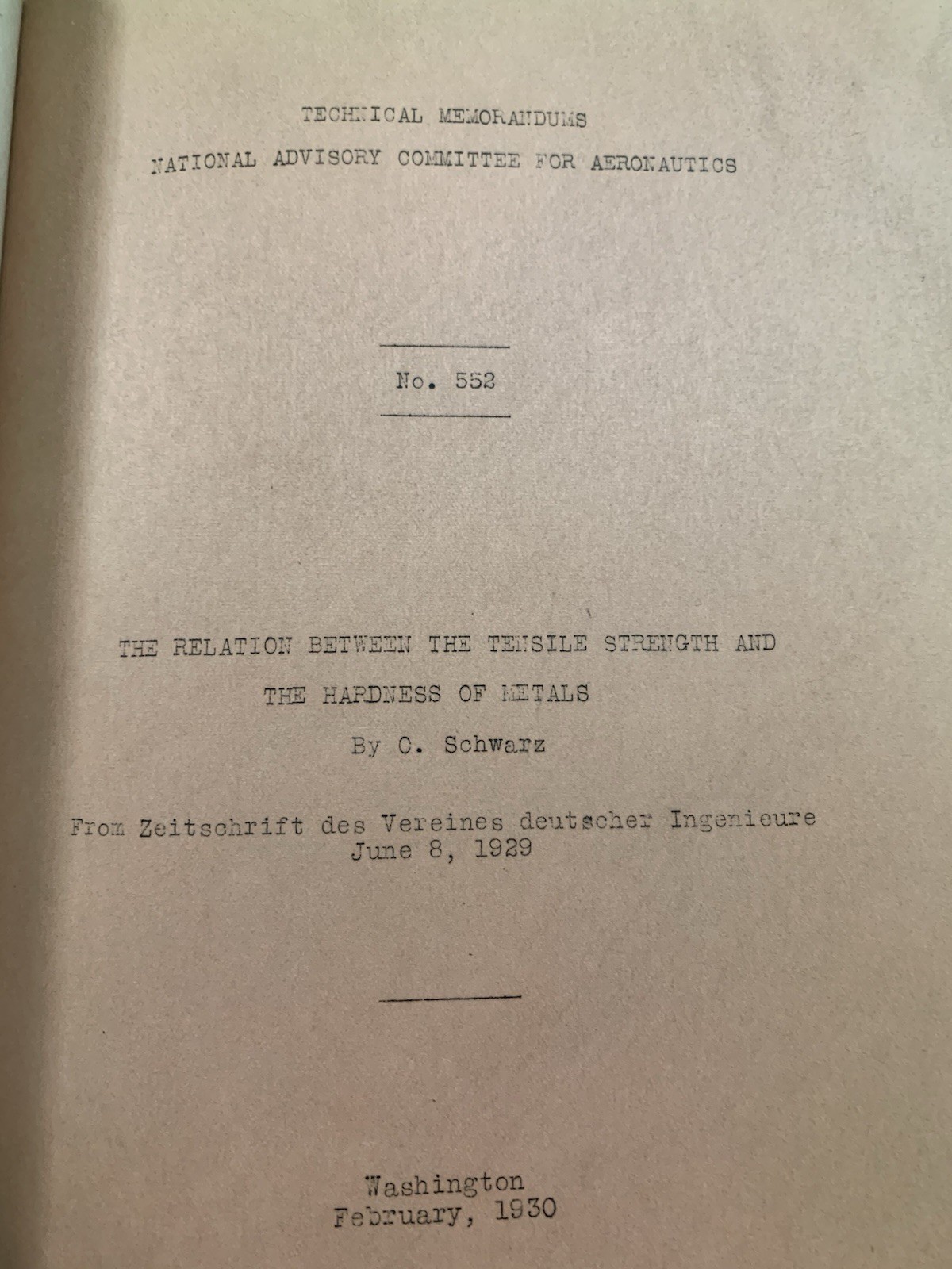 NACA Technical Memorandums Nos. 549-556 from 1920s, Published 1930