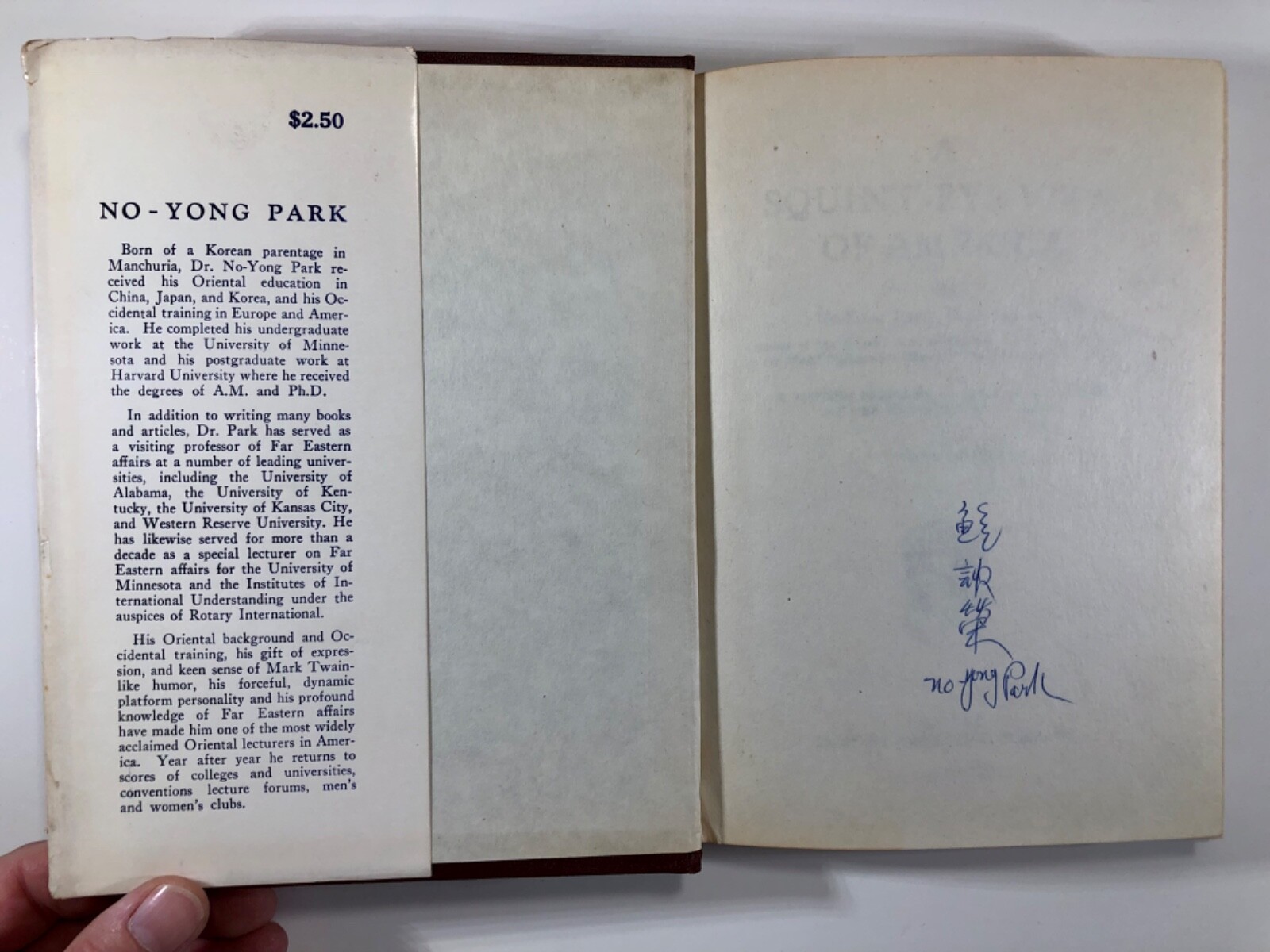 A Squint-Eye View of America By No-Yong Park 1952, Hardcover, Dust Jacket Signed