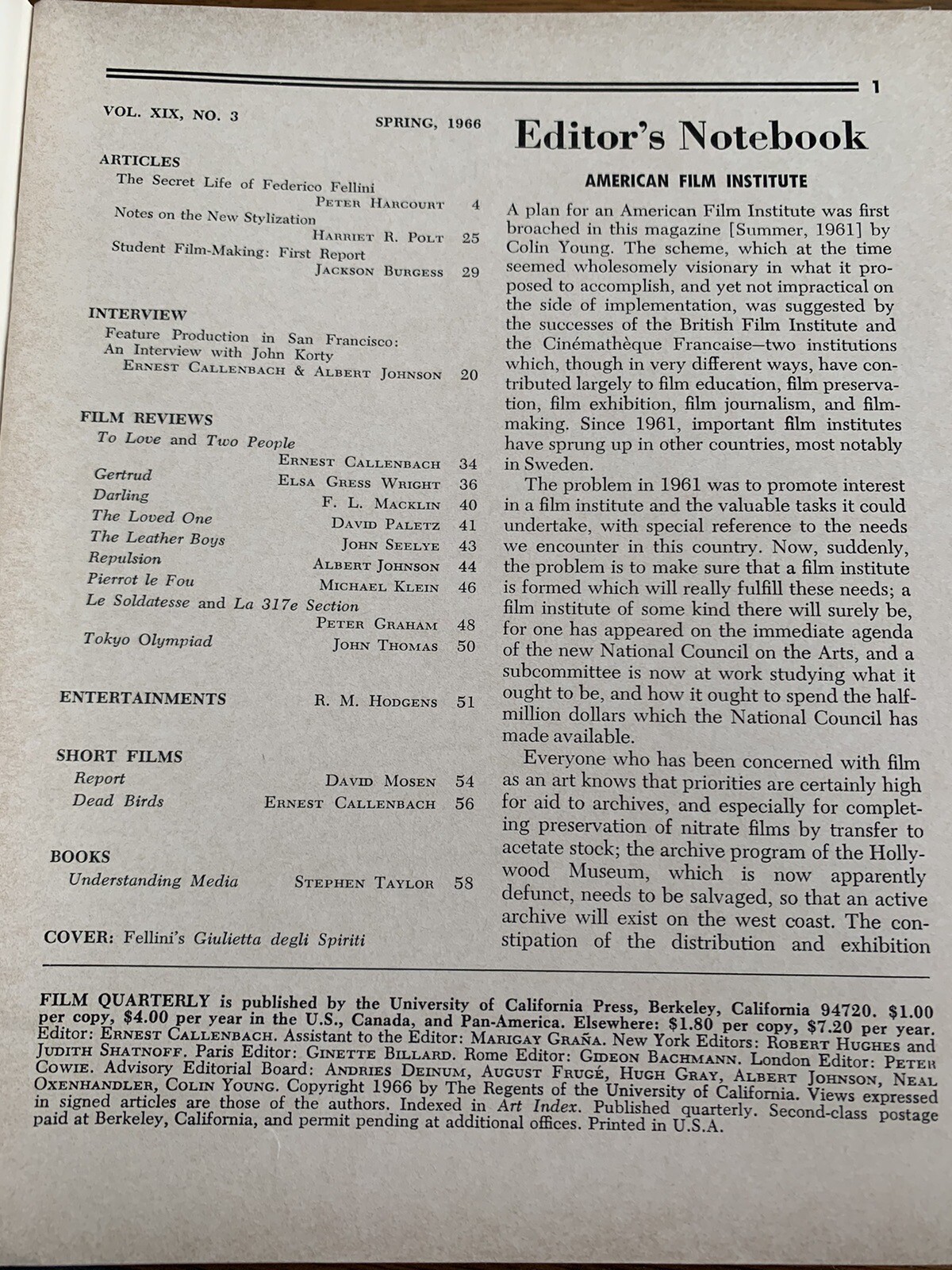 Film Quarterly – 1966 – Winter – Spring – La Jetee – Frankenheimer – Fellini