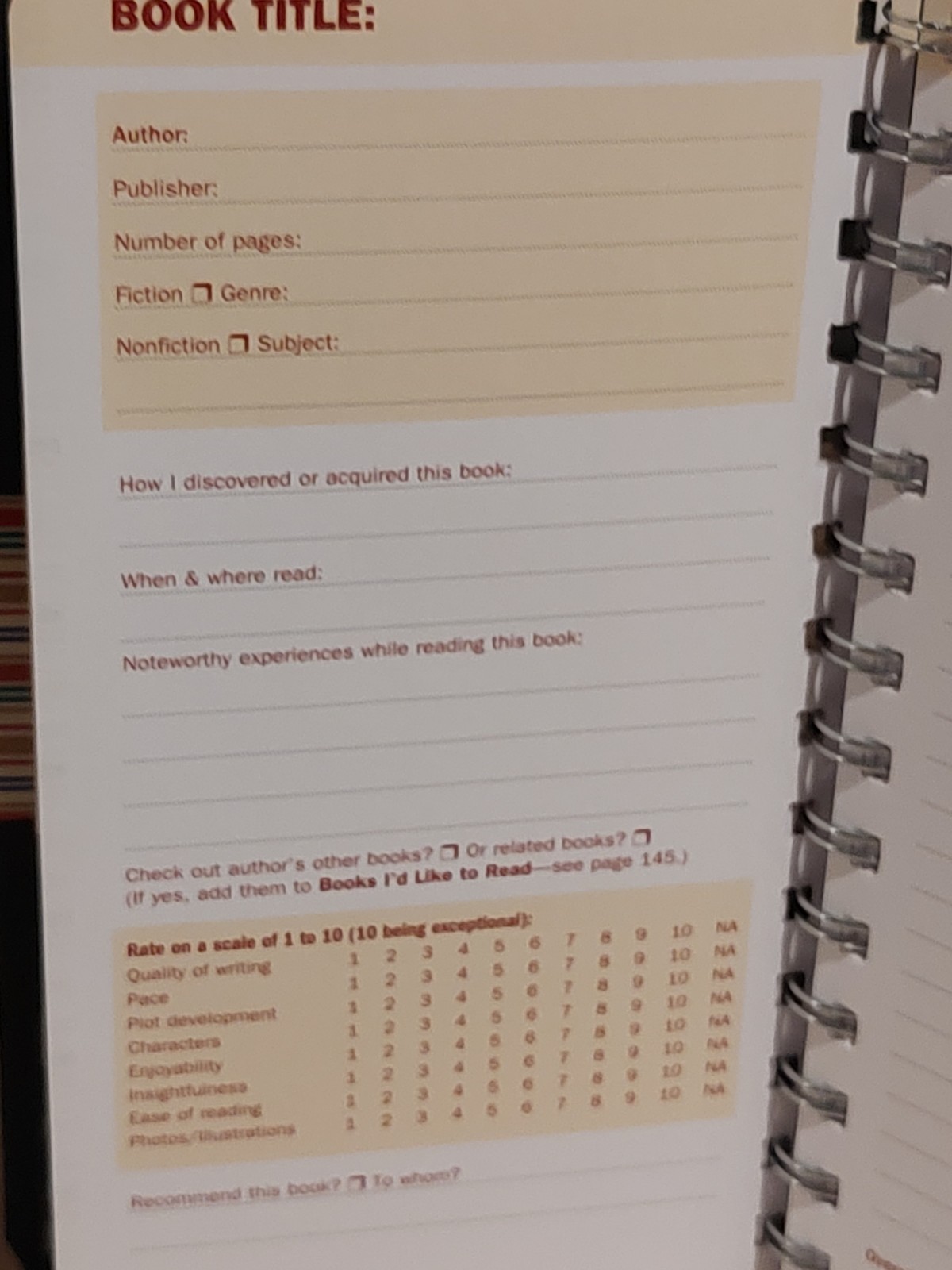 The Book Lover’s Journal My Personal Reading Record 216 Pages to Record Pauper