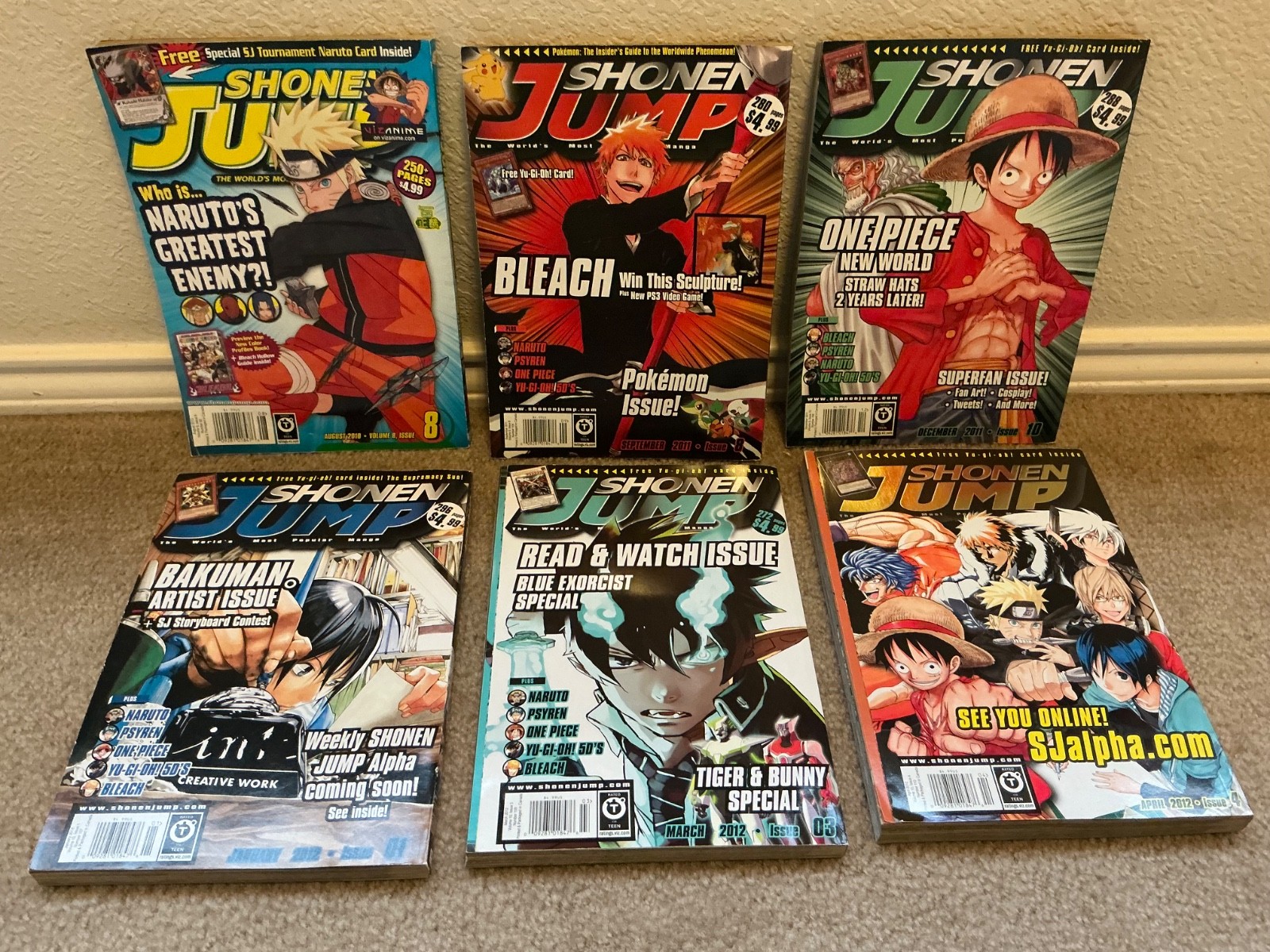 Shonen Jump Magazine Lot of 6 manga 2010-2012, Naruto, Yu Gi Oh ALL +HOLO CARDS!