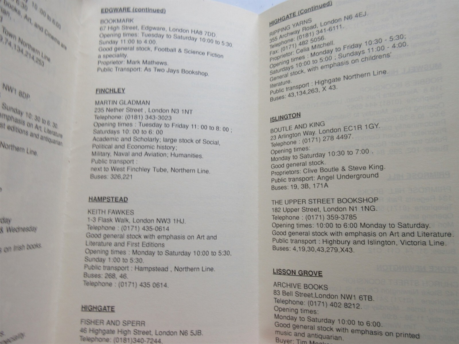 Antiquarian Rare & Second-Hand Bookshops in North London brochure pamphlet