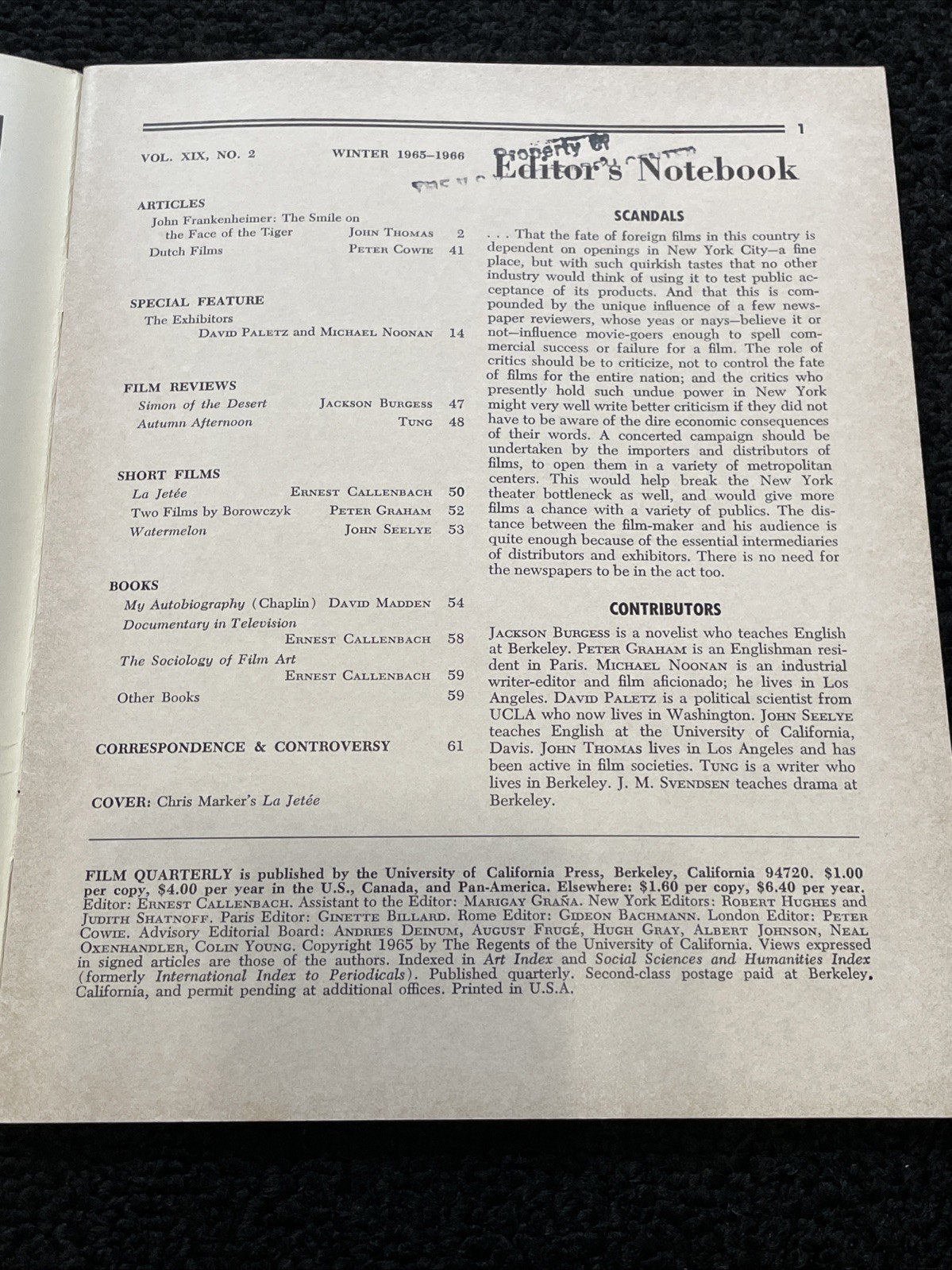 RARE Vintage 1965-1966 Lot Of 4 Film Quarterly Journals UC Press – V10