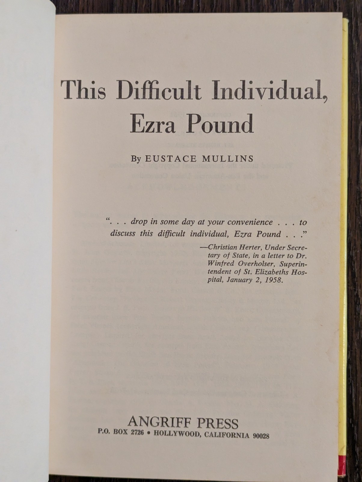 This Difficult Individual Ezra Pound 1961 1st Ed Hardcover Eustace Mullins