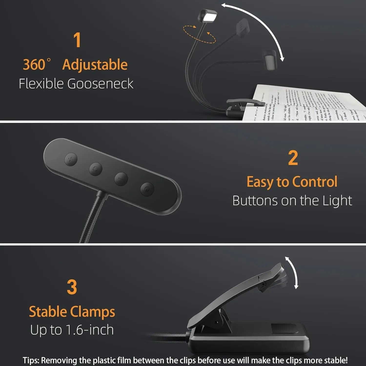 USB Rechargeable LED Book Light Flexible Clip On Reading Lamp Bed Travel