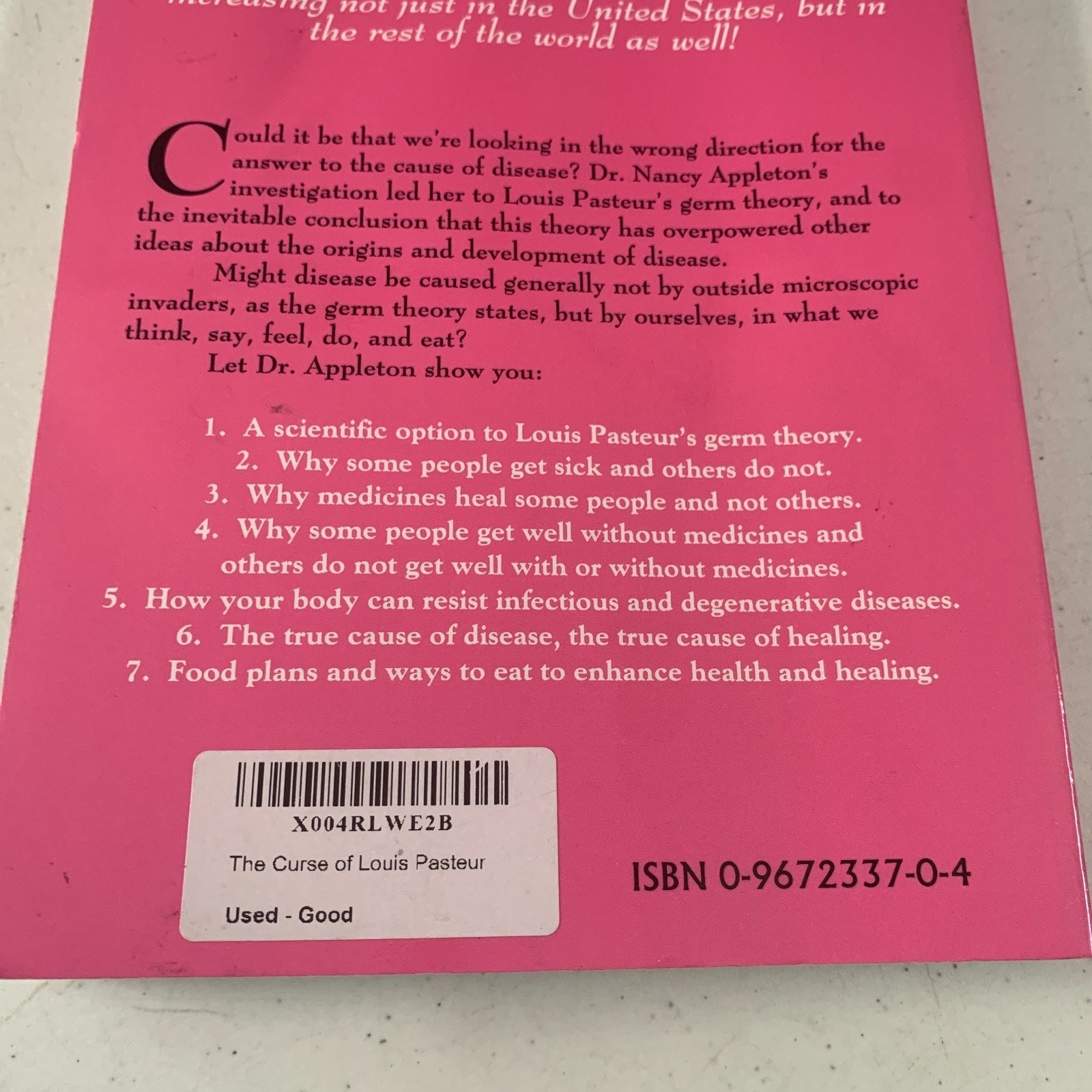 The Curse Of Louis Pasteur By Nancy Appleton, PhD 1999 Choice Publishing