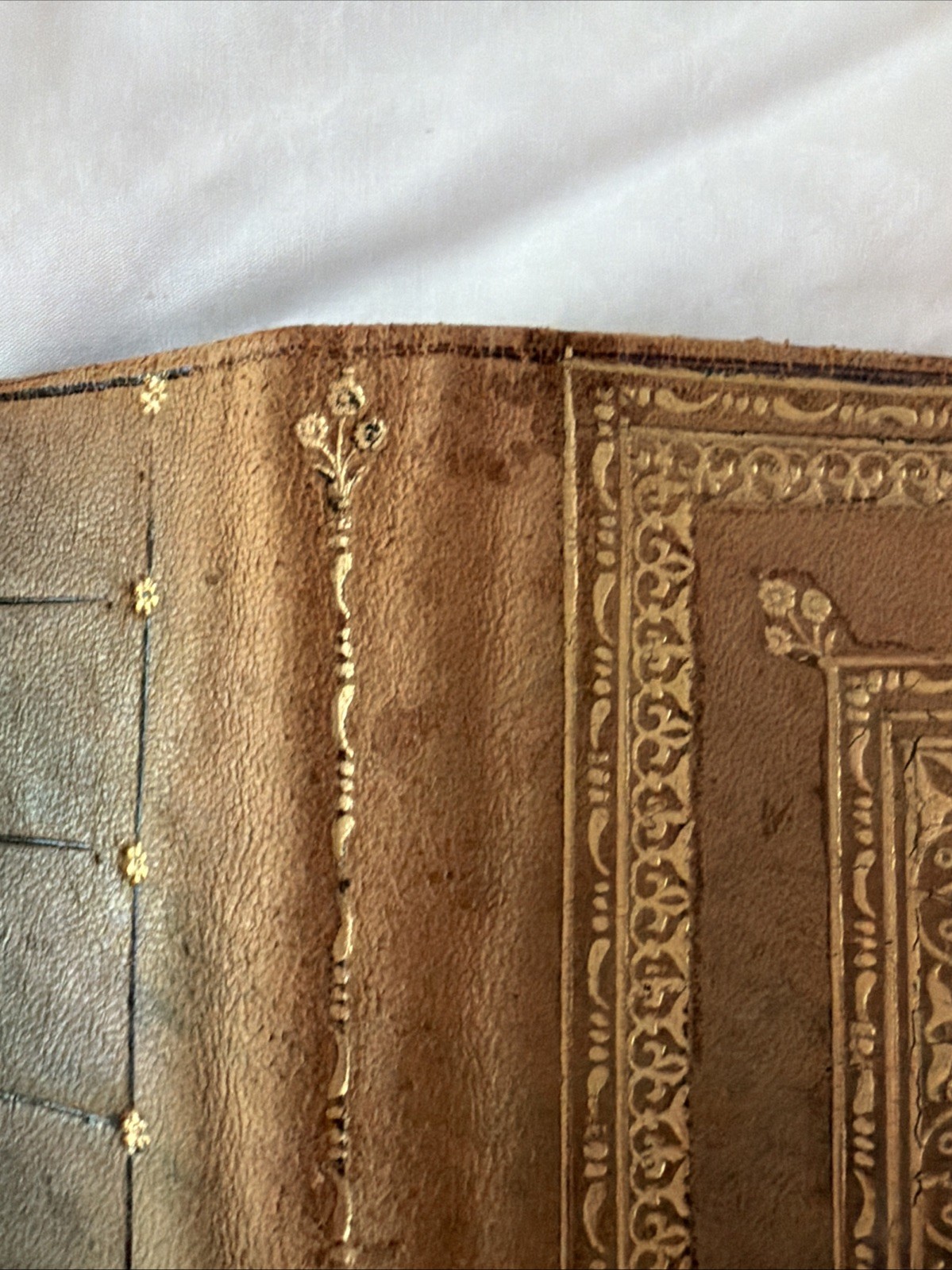 Antique Leather Book Cover with 22k Gold Inlay and Design Art