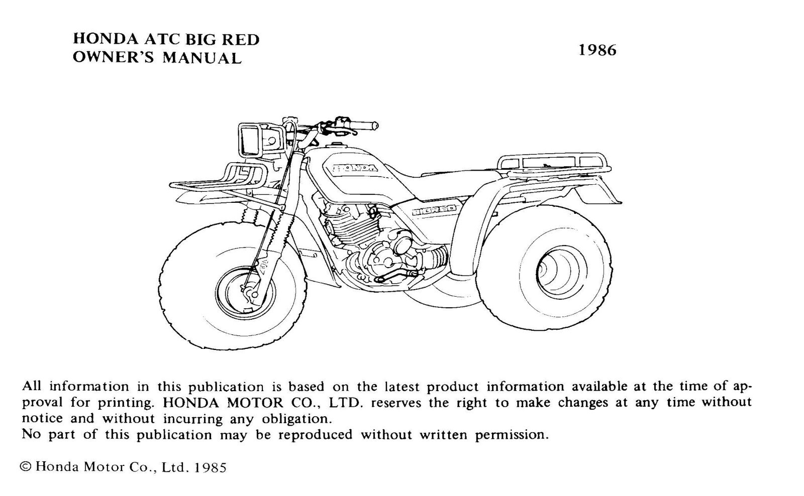 1986 Honda ATC Big Red 250ES Owner’s Manual 74 Pages