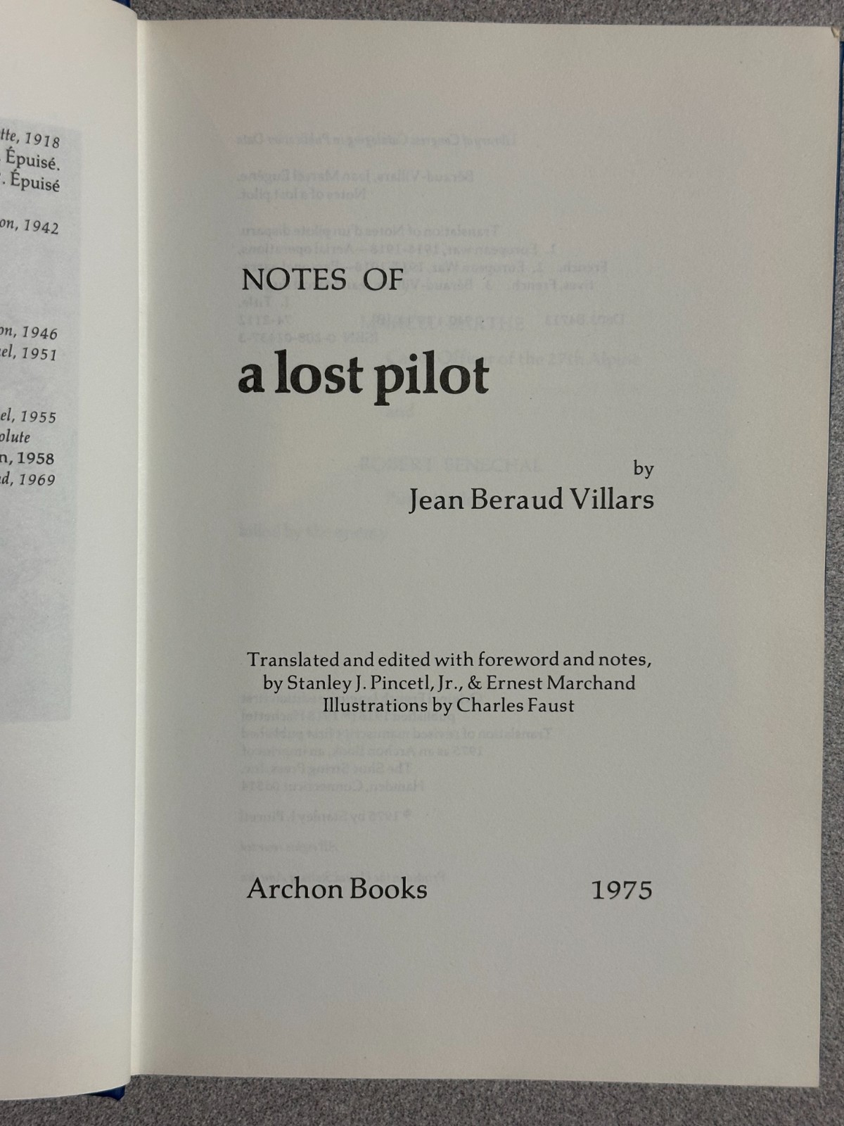 NOTES OF A LOST PILOT by Jean Beraud Villars – HB 1975 FIRST – WW I