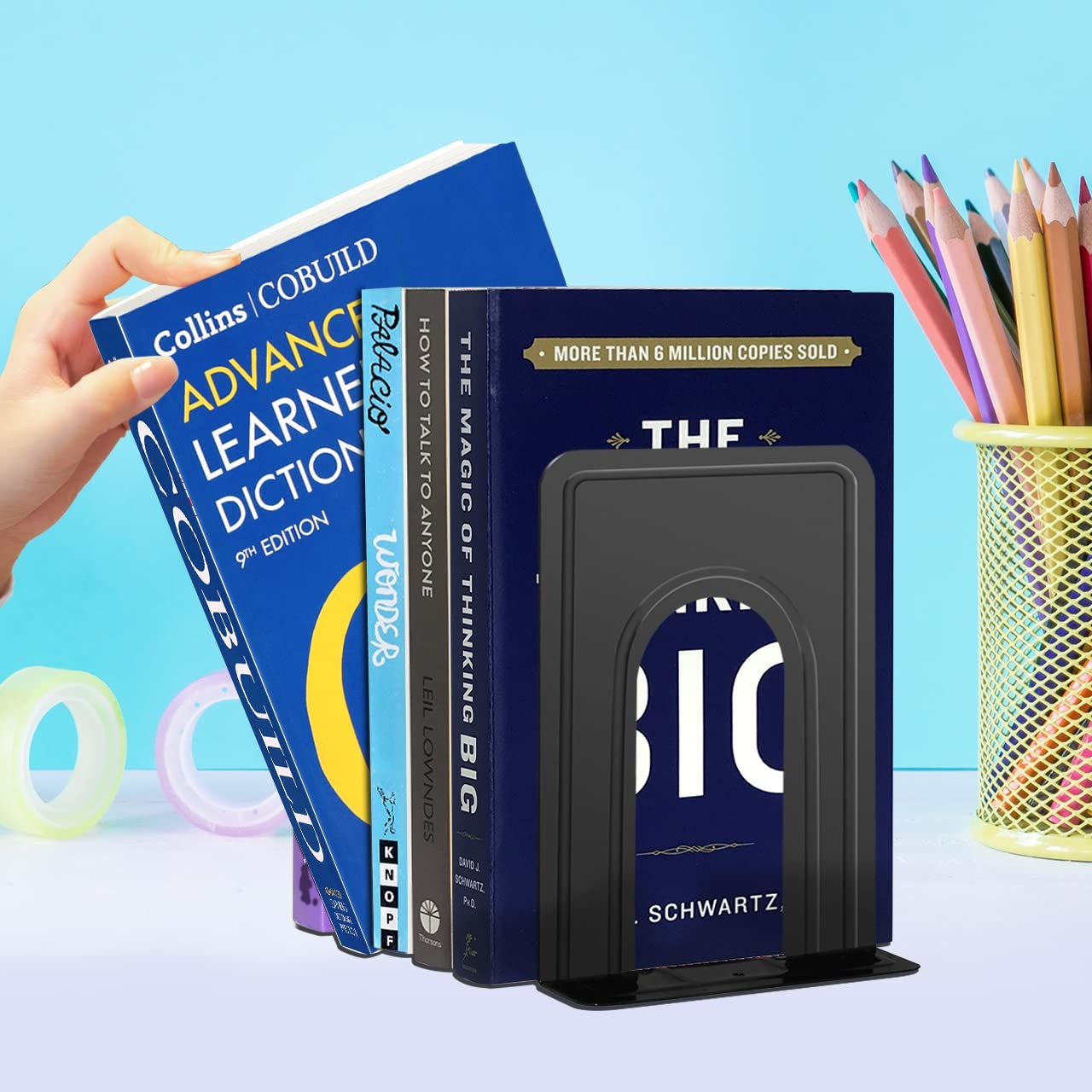 JIKIOU Book Ends Universal Premium 6.69 x 4.9 x 4.3in, 3 Pair/6 Piece-black