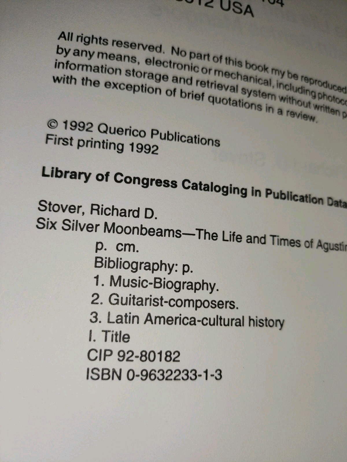 Six Silver Moonbeams Life & Times Agustin Barrios Mangore Richard D. Stover 1992