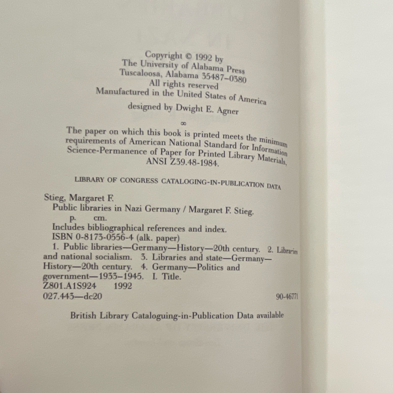 Libraries in Nazi Germany Stieg 1992 HC Index