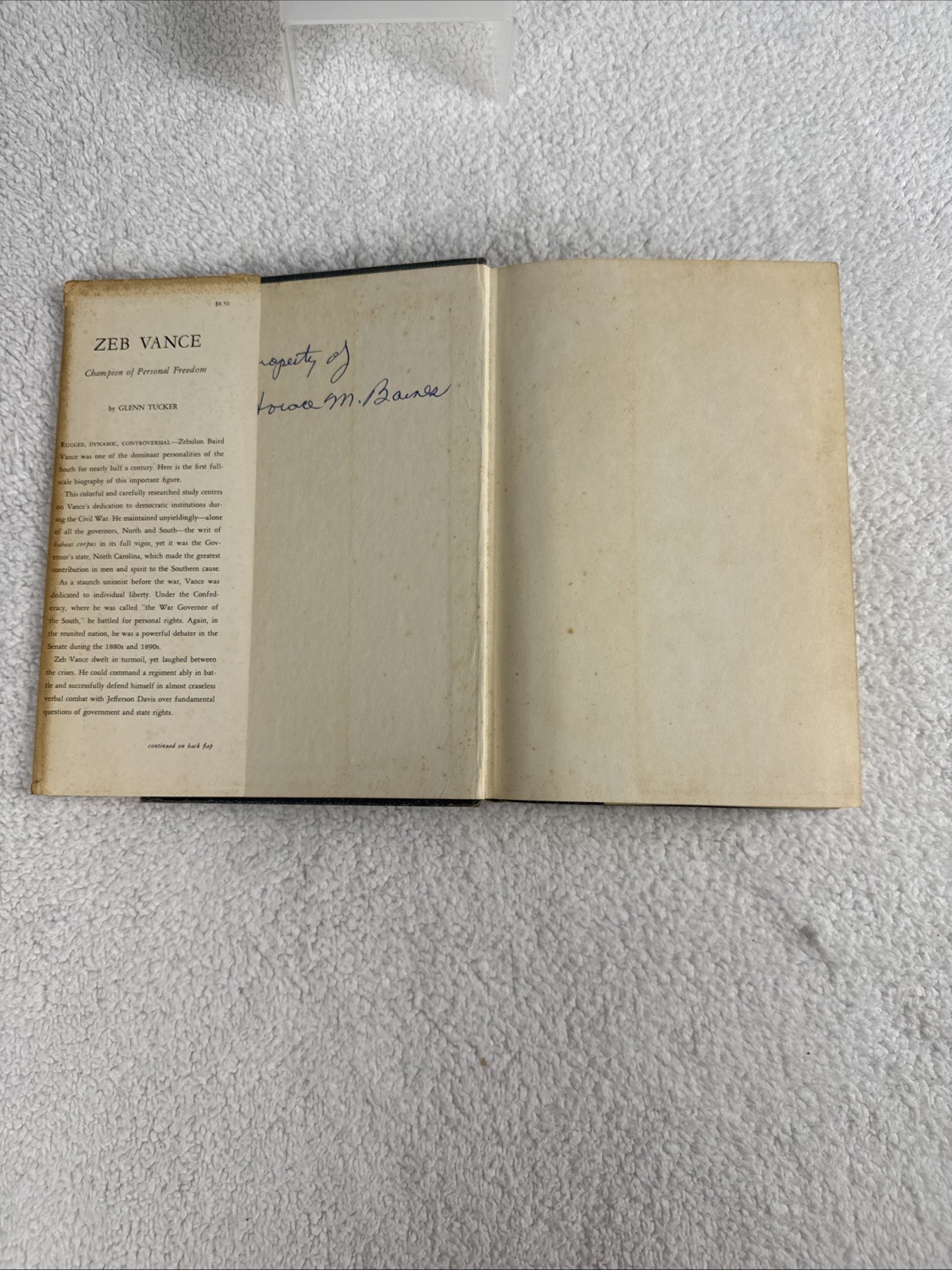 SIGNED 1965 Zeb Vance: Champion Personal Freedom, NC Civil War Governor HC/DJ