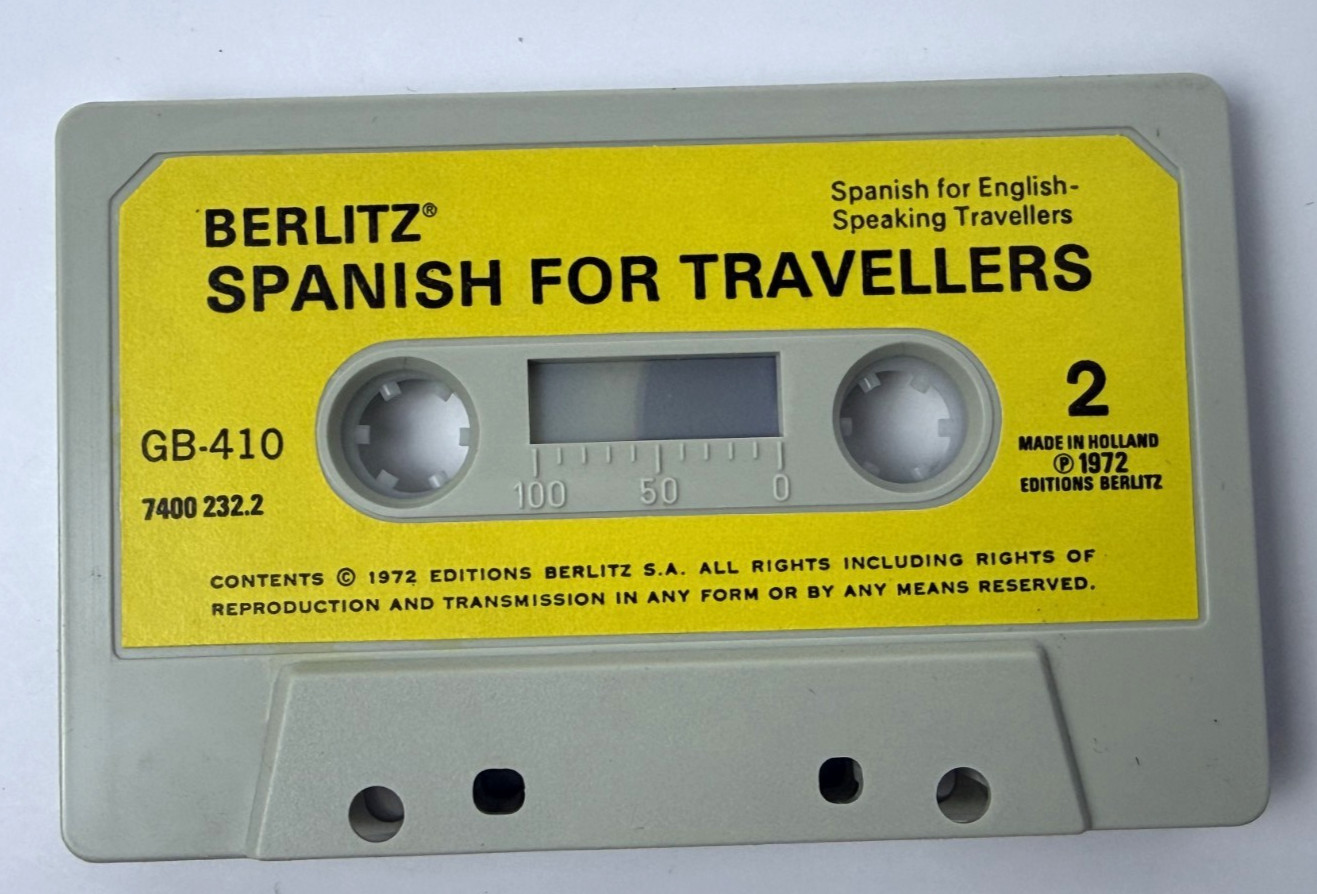 Vtg 1972 Berlitz Spanish for Travelers Phrase Book & Cassette Tape