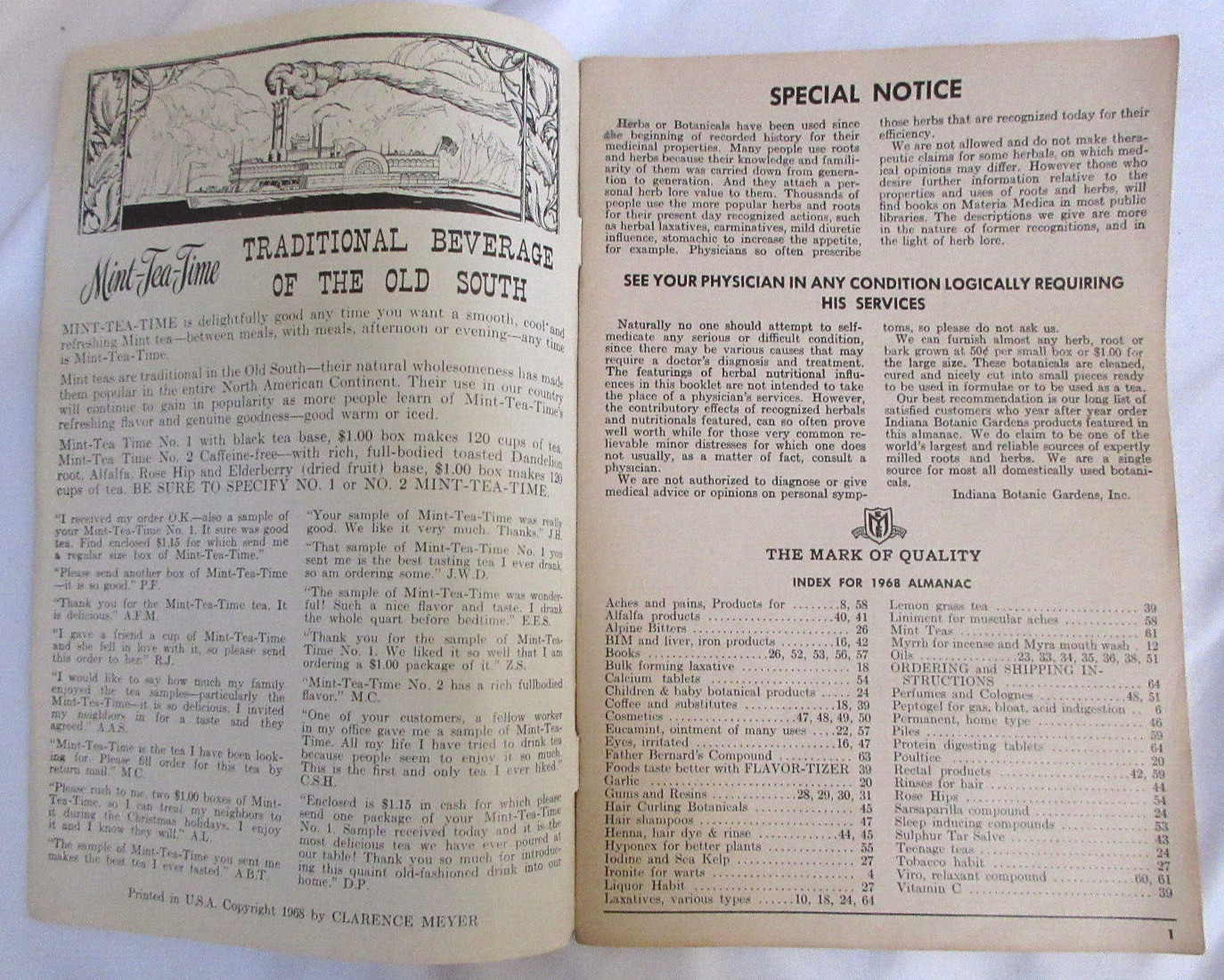 The Herbalist Almanac 1968 $.25 Clarence Meyer GUC