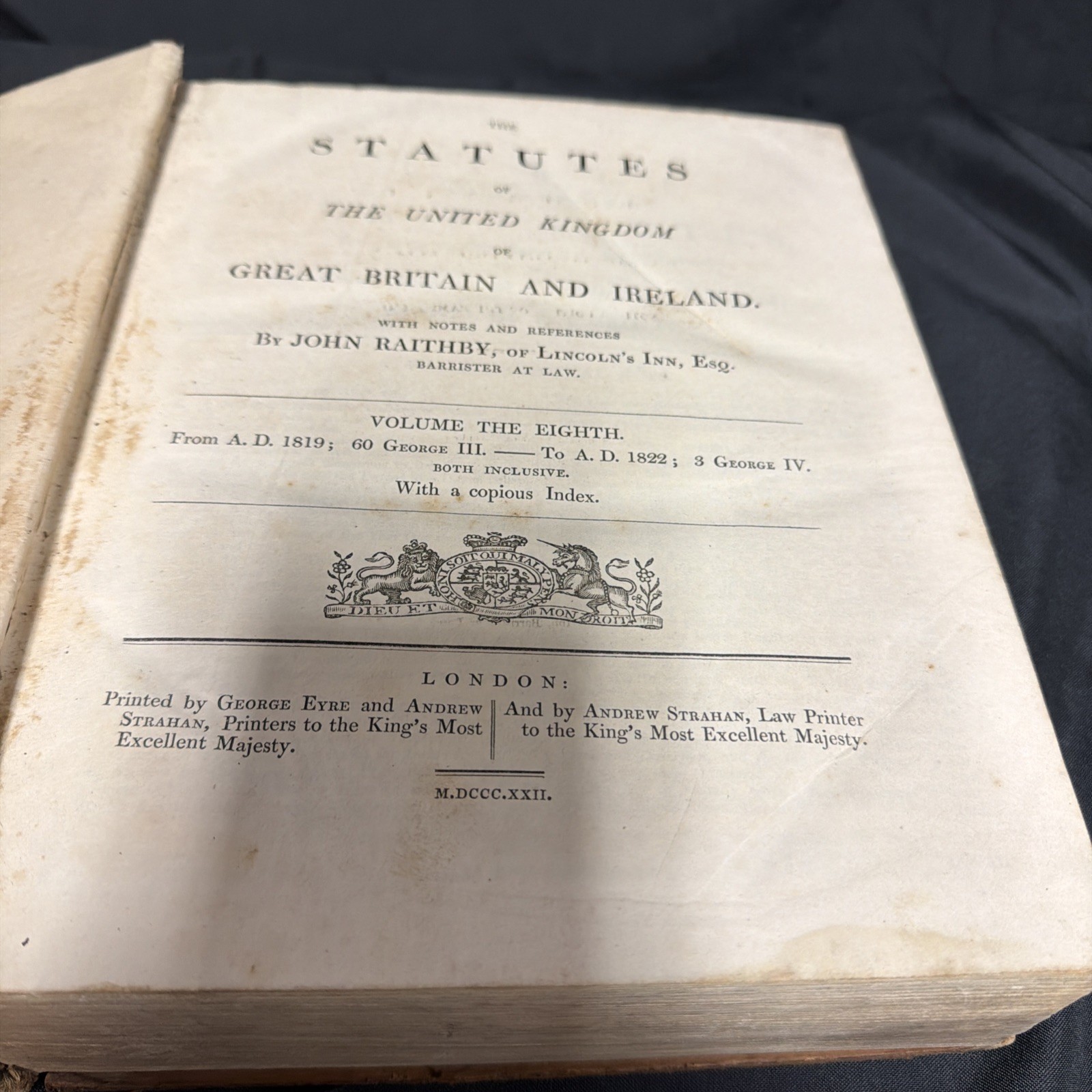The Statutes United Kingdom George III-IV 1819-1822 Vol 8 huge Book – SKU (1911)
