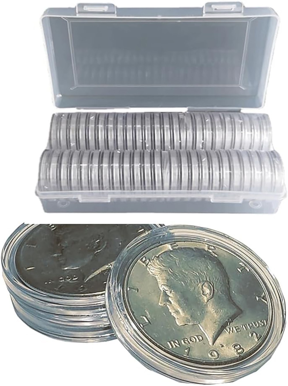 50PCS*40mm Coin Capsules Round Plastic Coin Holder White gaskets with Case Box🔥