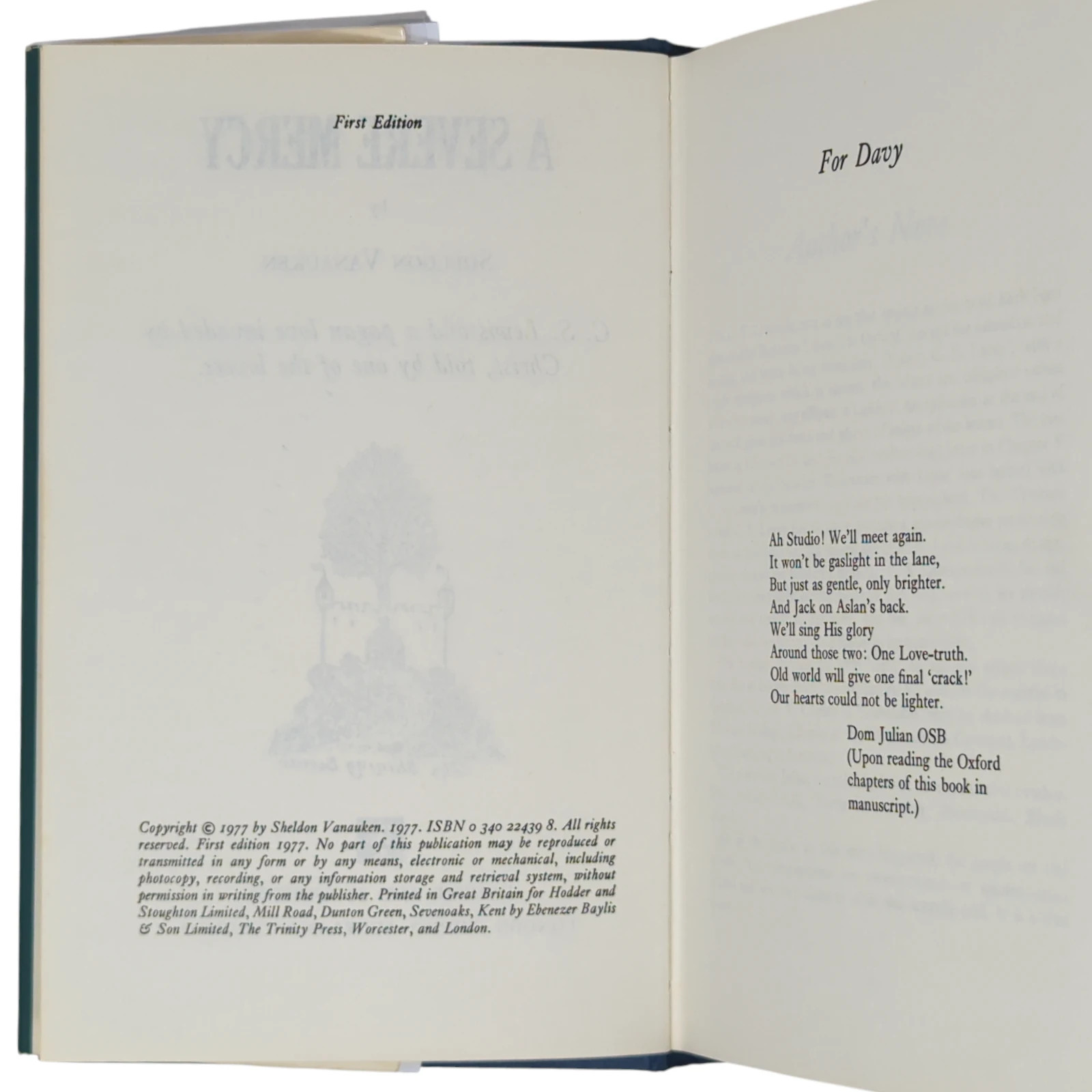1977 A Severe Mercy SHELDON VANAUKEN C S Lewis & a Pagan Love Christ 1ST EDITION
