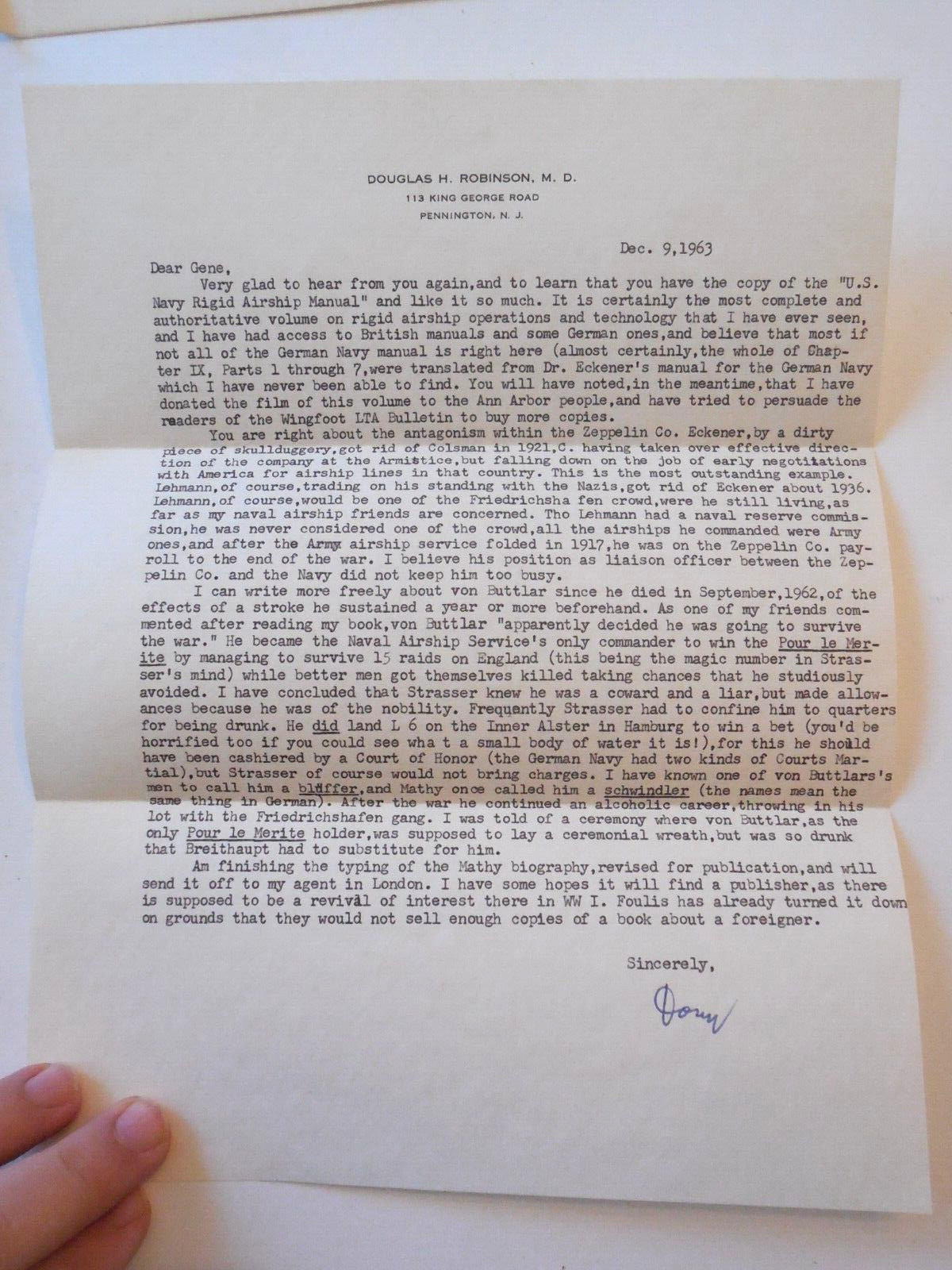 1962 The Zeppelin In Combat by Douglas Robinson HB w/ Signed Letter from Author