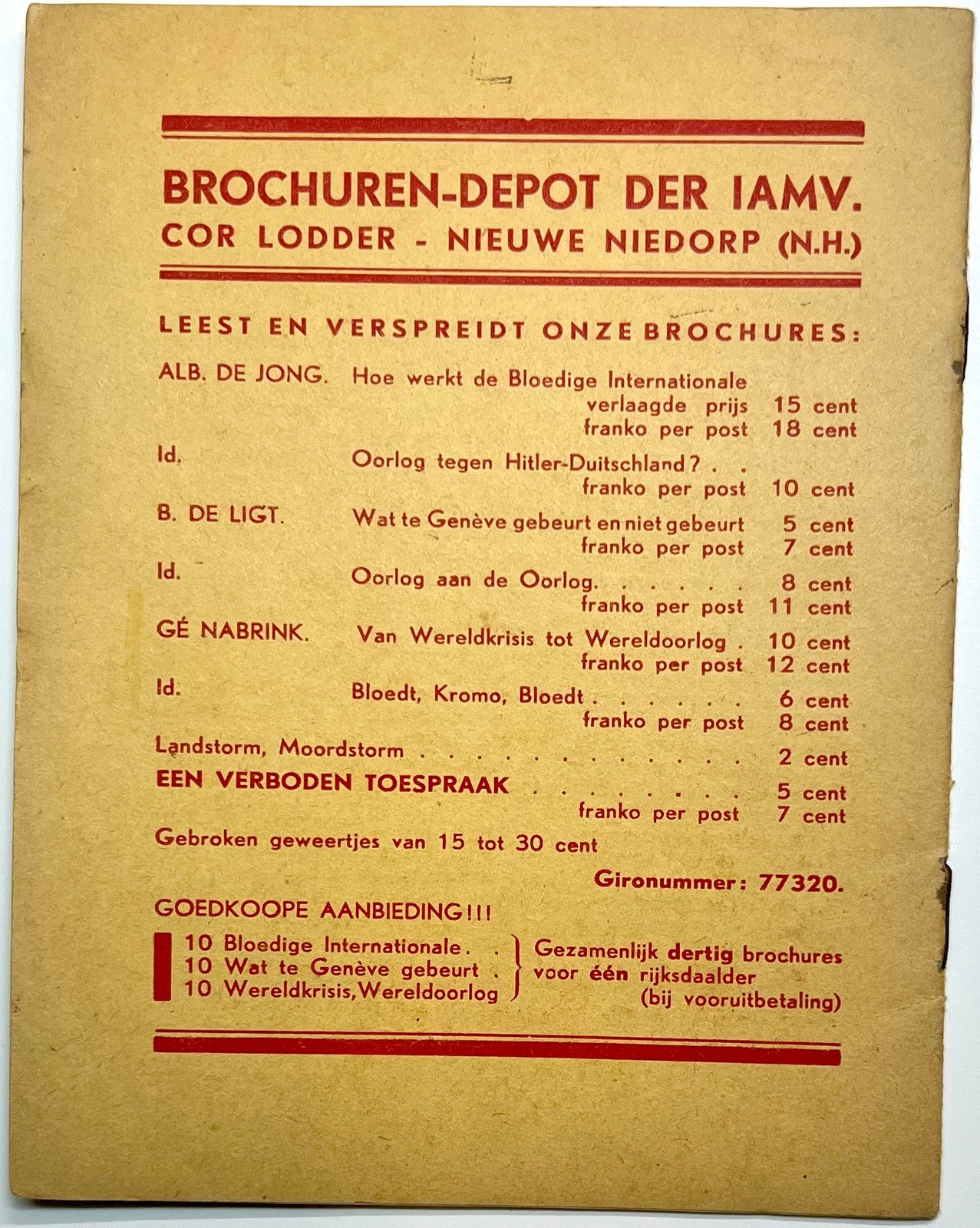 1934 EEN VERBODEN TOESPRAAK OSBORN DUTCH ANTI MILITARIST PROPAGANDA BOOKLET 1ST