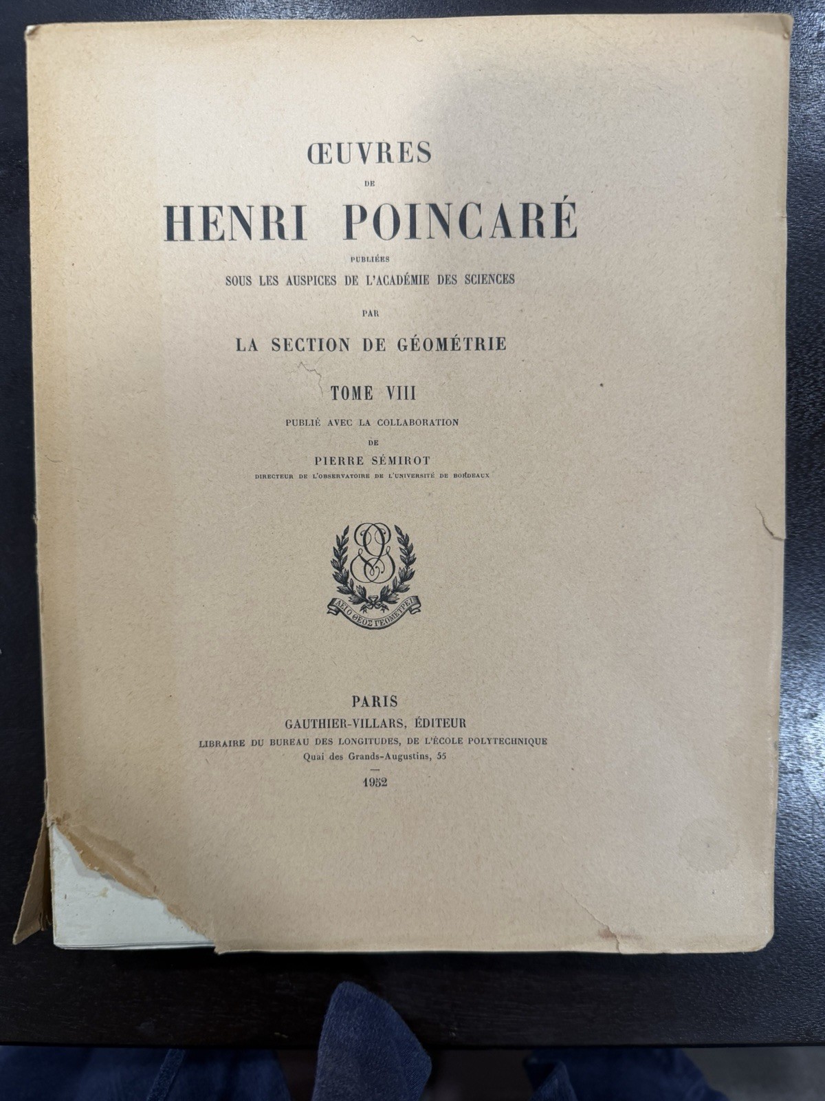 Henry Poincaré OEUVRES DE HENRI POINCARE, TOME VIII -POINCARE HENRI – 1952
