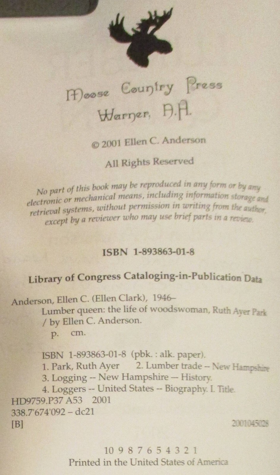 2001 Lumber Queen by Ellen C. Anderson SIGNED Softcover Book 166 Pages