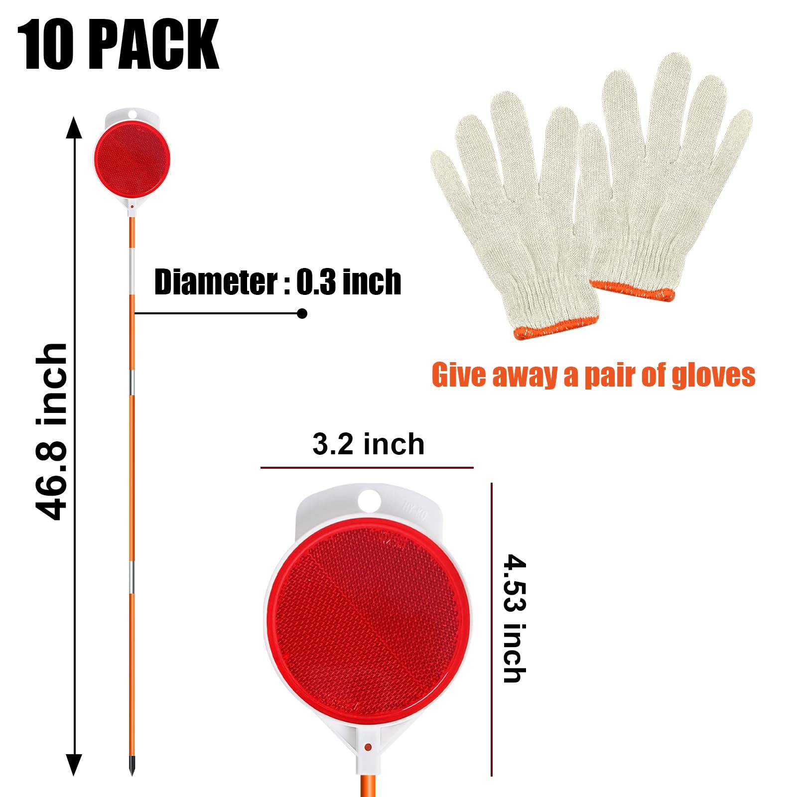10Pcs Reflective Driveway Markers 48in Reflective for Driveway on Poles Orange