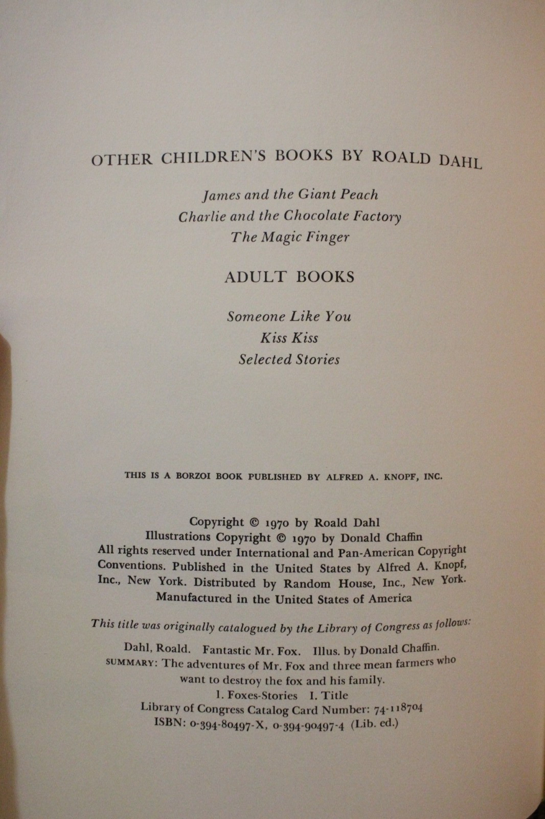 Fantastic Mr. Fox by Roald Dahl Hardcover w/ Dust Jacket 1970 Early Printing