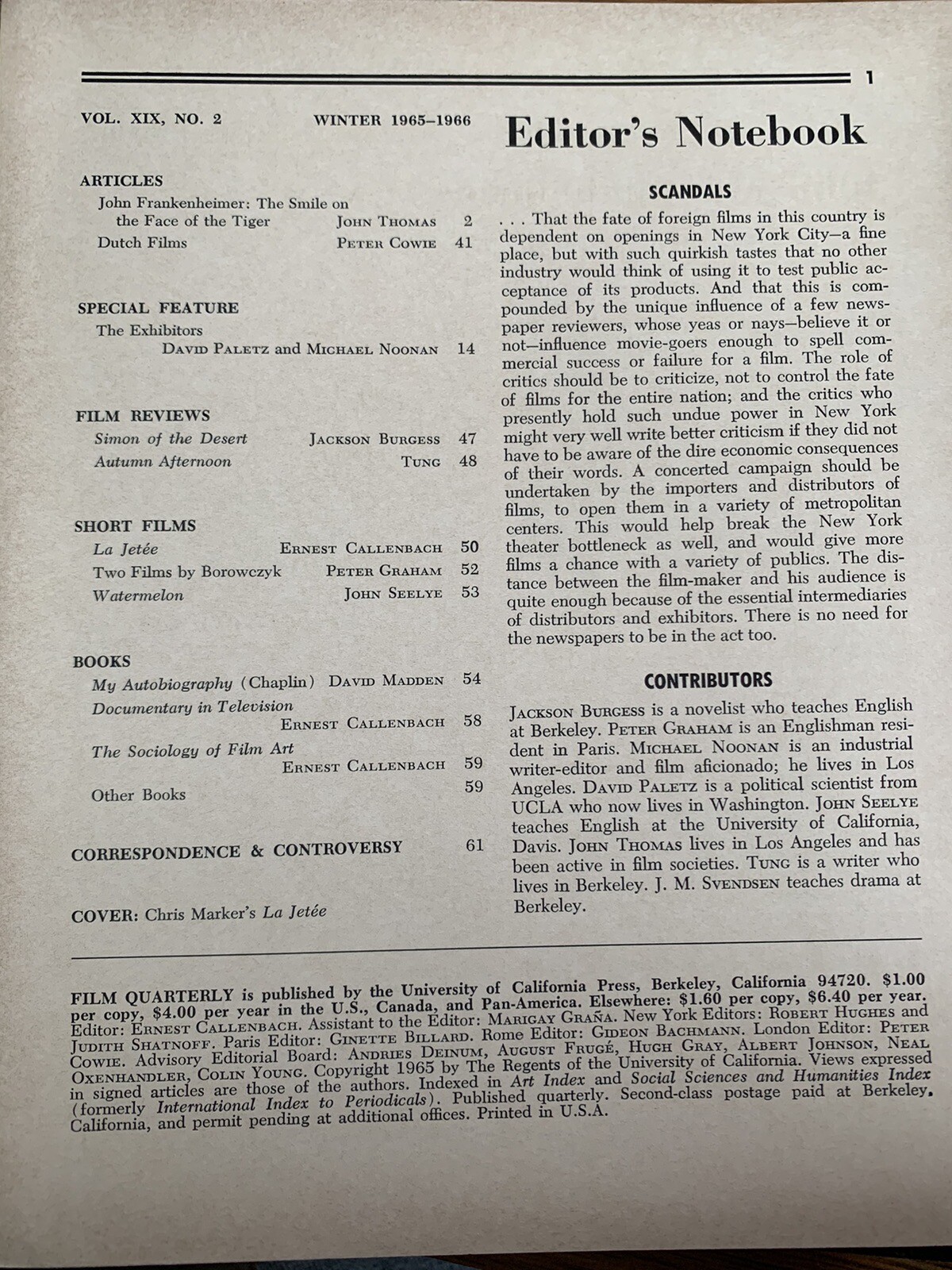 Film Quarterly – 1966 – Winter – Spring – La Jetee – Frankenheimer – Fellini