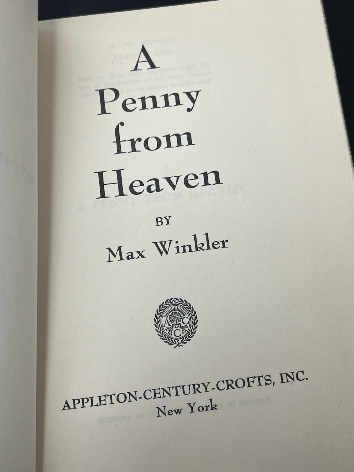 A Penny From Heaven by Max Winkler 1951 Appleton-Century-Crofts HC DJ SIGNED