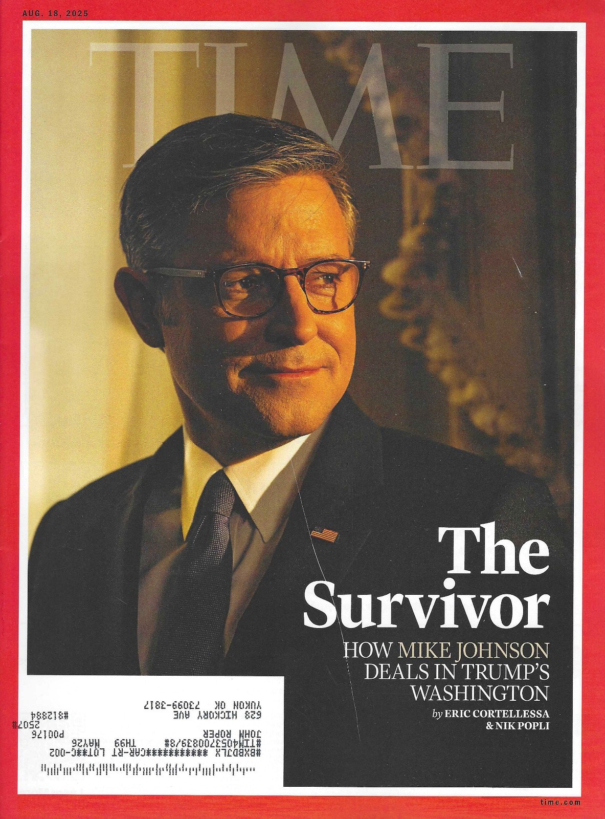 Time Magazine – August 14, 2025 – Survivor Mike Johnson in Trump’s Washington