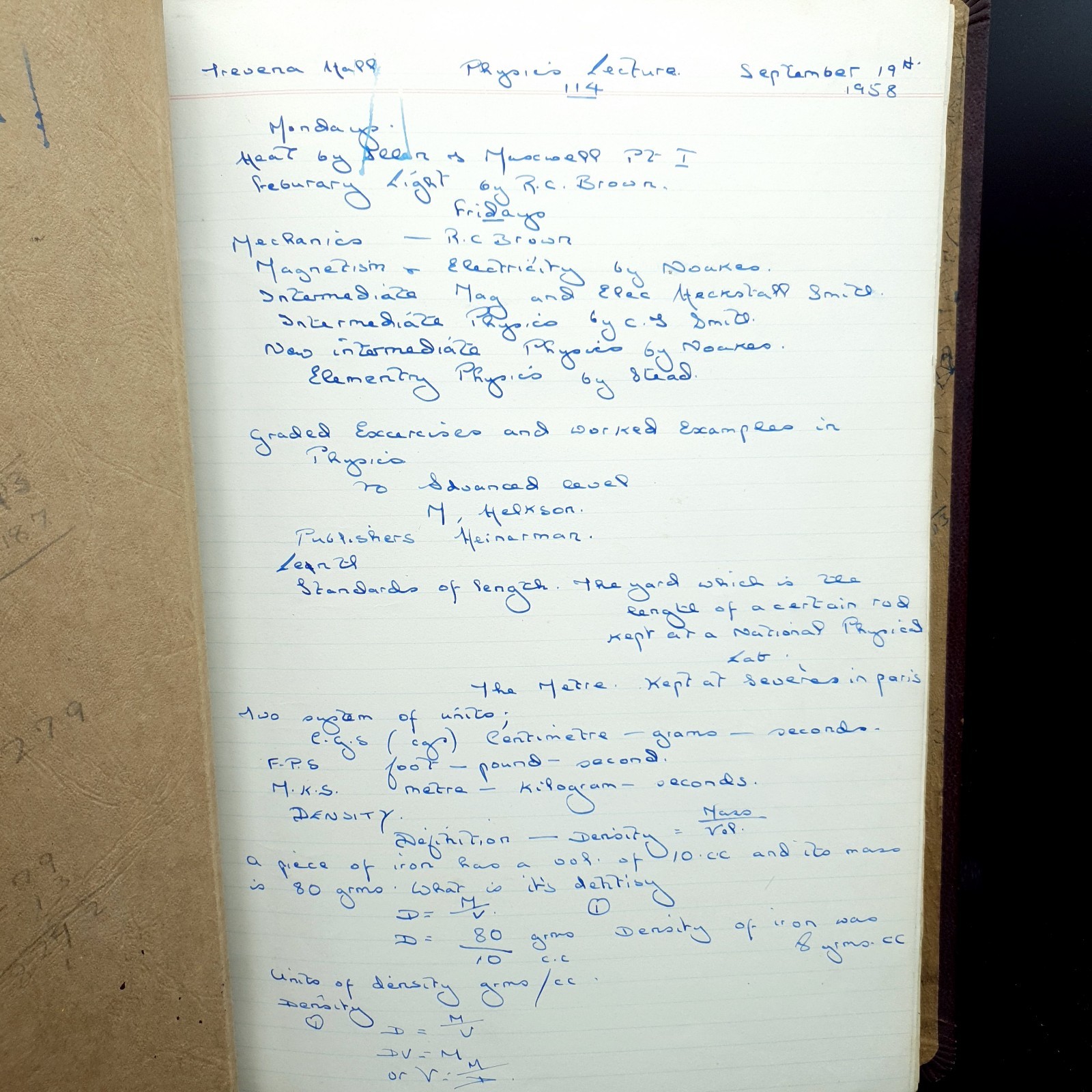 1958 Physics Student Notes College Art & Tech Leather Bound Reusable Book Large