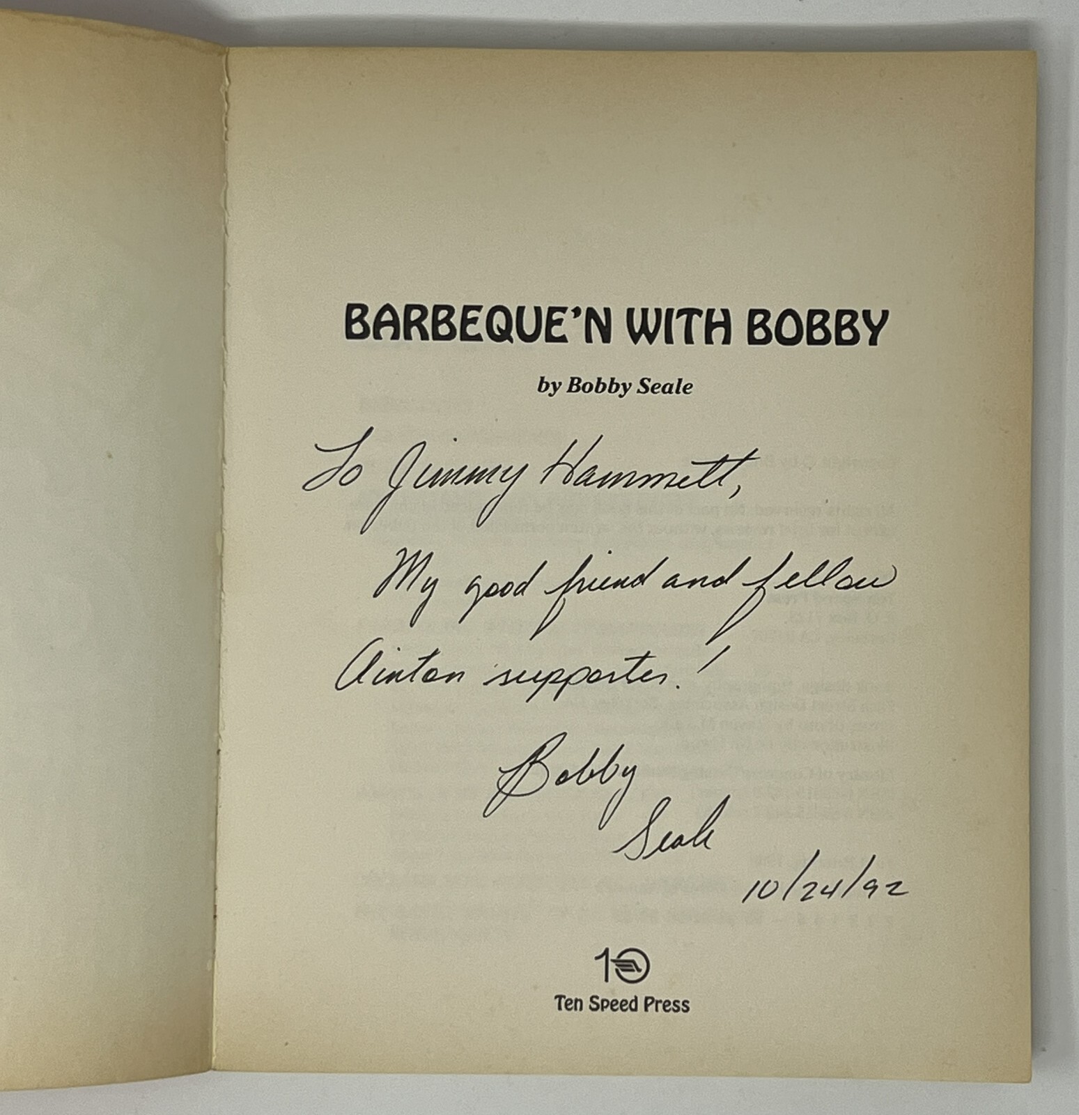 VTG SIGNED 1ST ED.: Barbeque’n With Bobby, Bobby Seale – 1988 PB Ten Speed Press