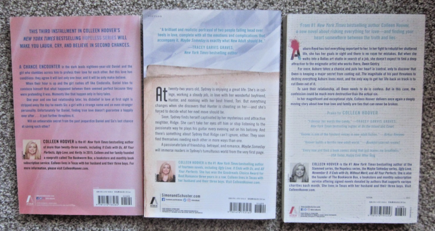 COLLEEN HOOVER BOOK LOT / 9SC / ROMANCE-CONTEMPORARY FICTION / 2013-2023
