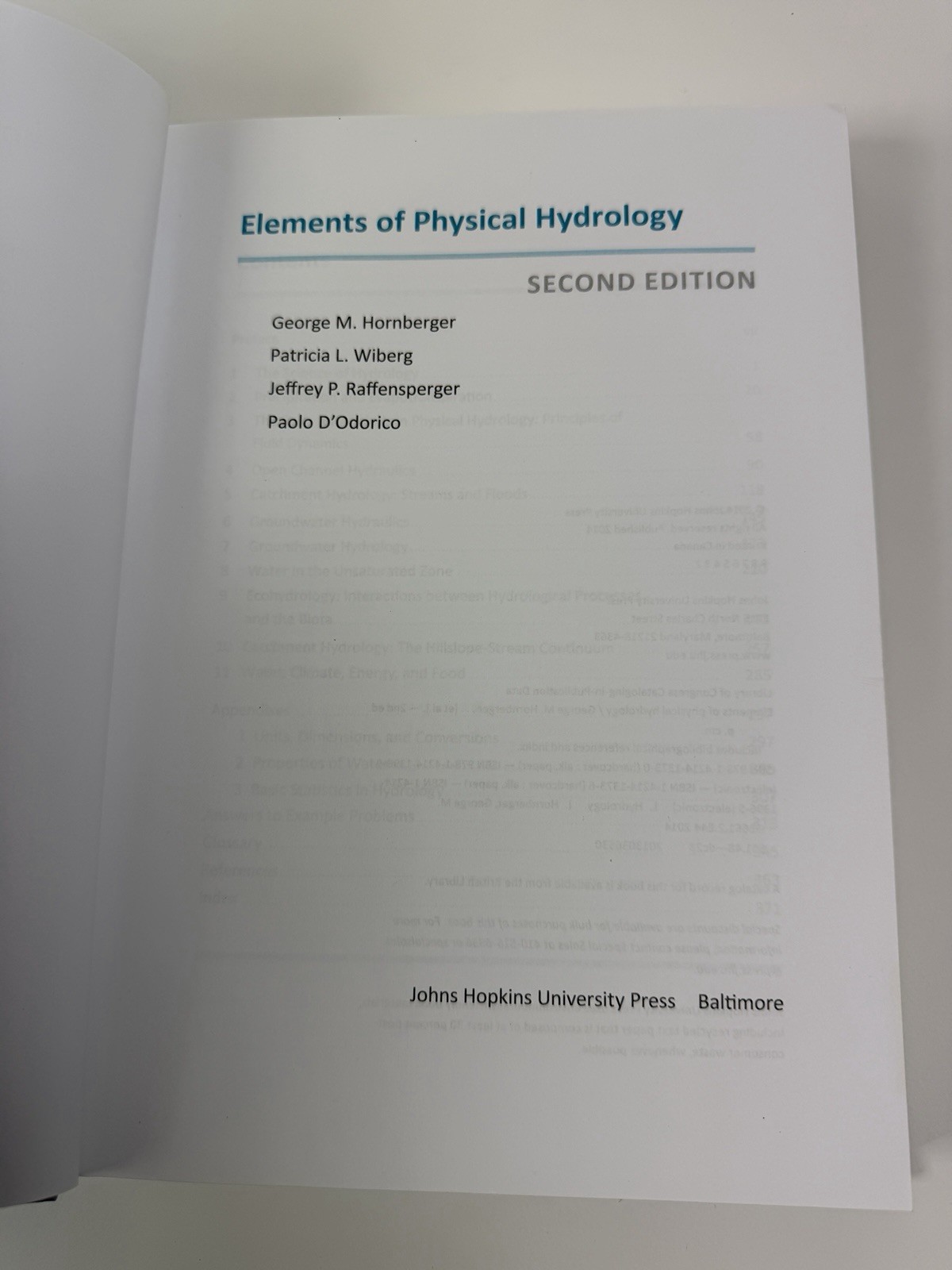 Elements of Physical Hydrology Second Edition Hardcover Hornberger Wiberg