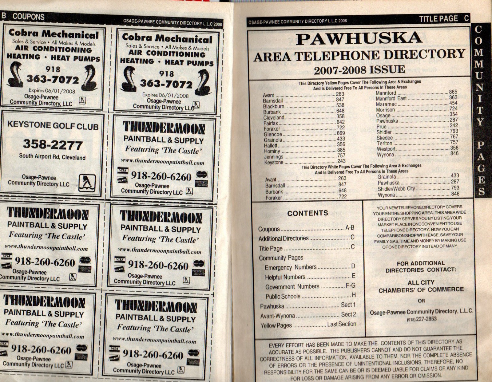 Pawhuska Oklahoma 2007-2008 Community Telephone Directory Phone Book 136 Pages