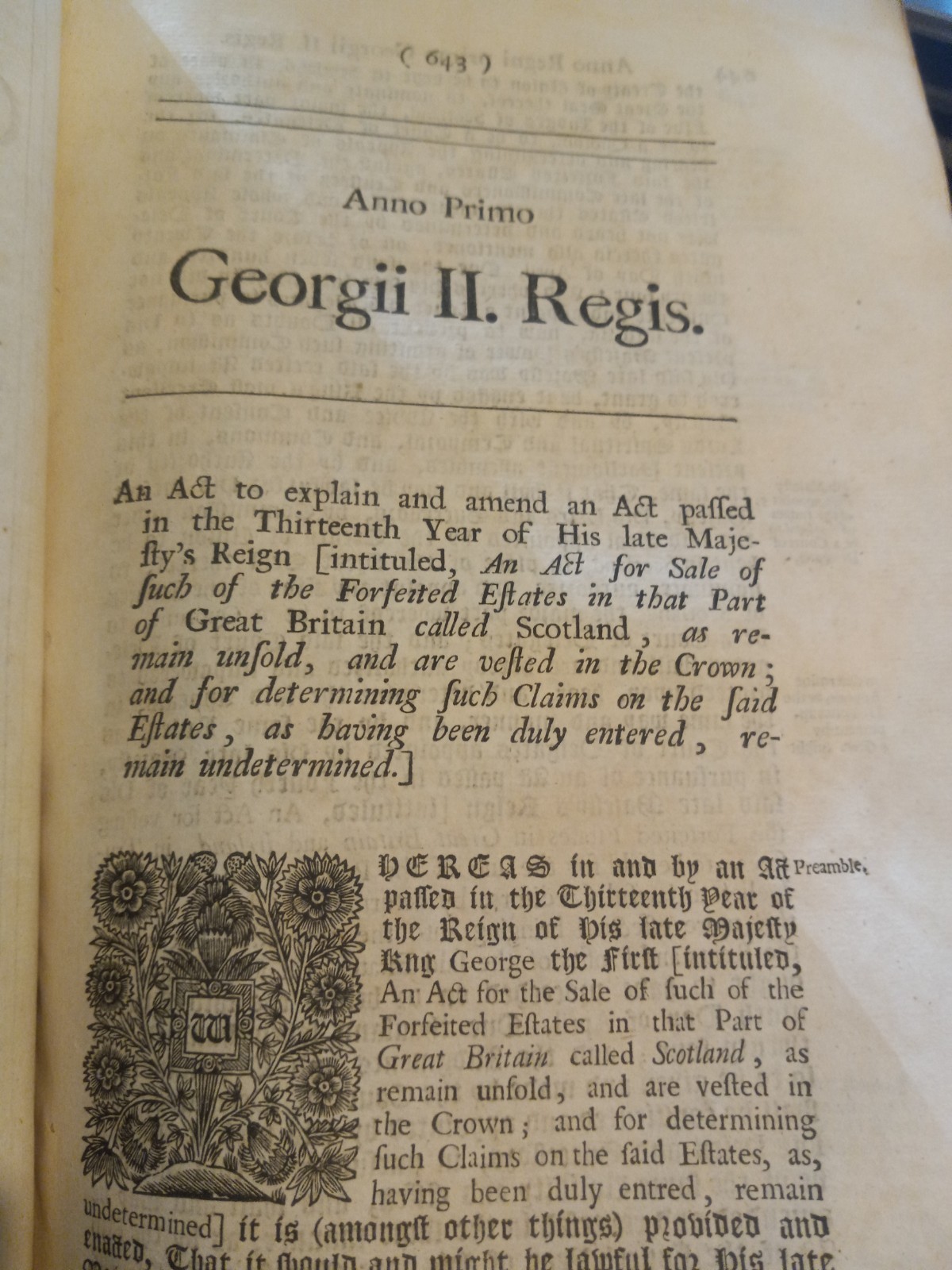 1728 KING GEORGE II PARLIAMENT ACT ON SCOTTISH ESTATE FORFEITURE 4 PAGE DOCUMENT