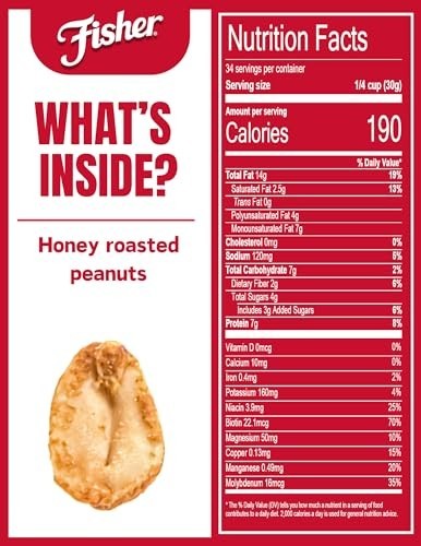 Fisher Snack Honey Roasted Peanuts, 36 Ounces (Pack of 6), Made with Real Honey,