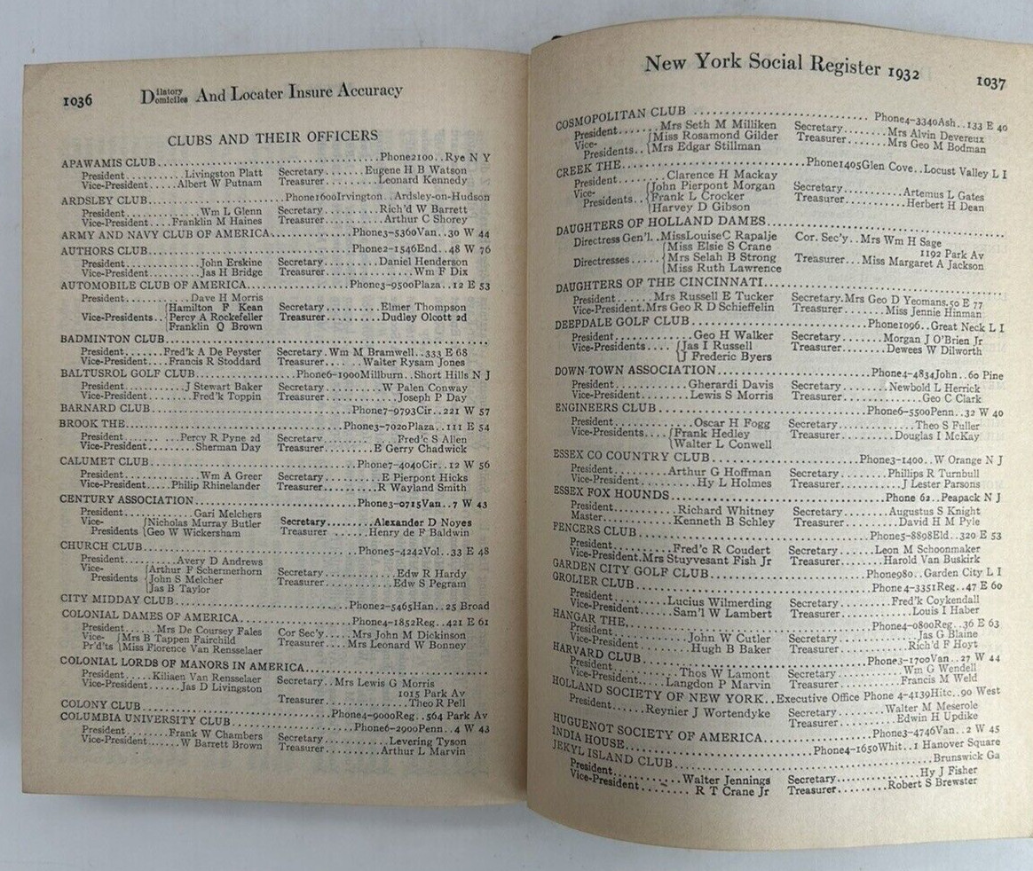 Social Register New York 1932 Hardcover First Edition 1040 pages