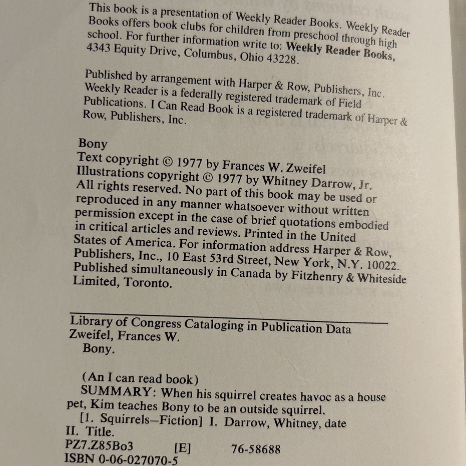 Bony by Frances Zweifel An I Can Read Book Pictures Whitney Darrow HC 1977