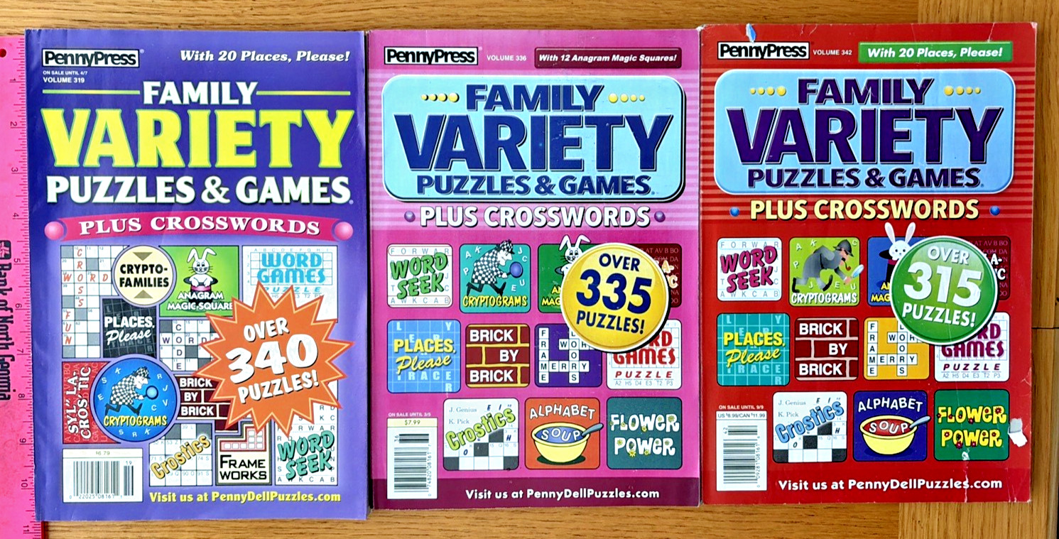 Lot of 3 PENNY PRESS FAMILY VARIETY PUZZLES & GAMES PLUS CROSSWORDS FREE SHIP