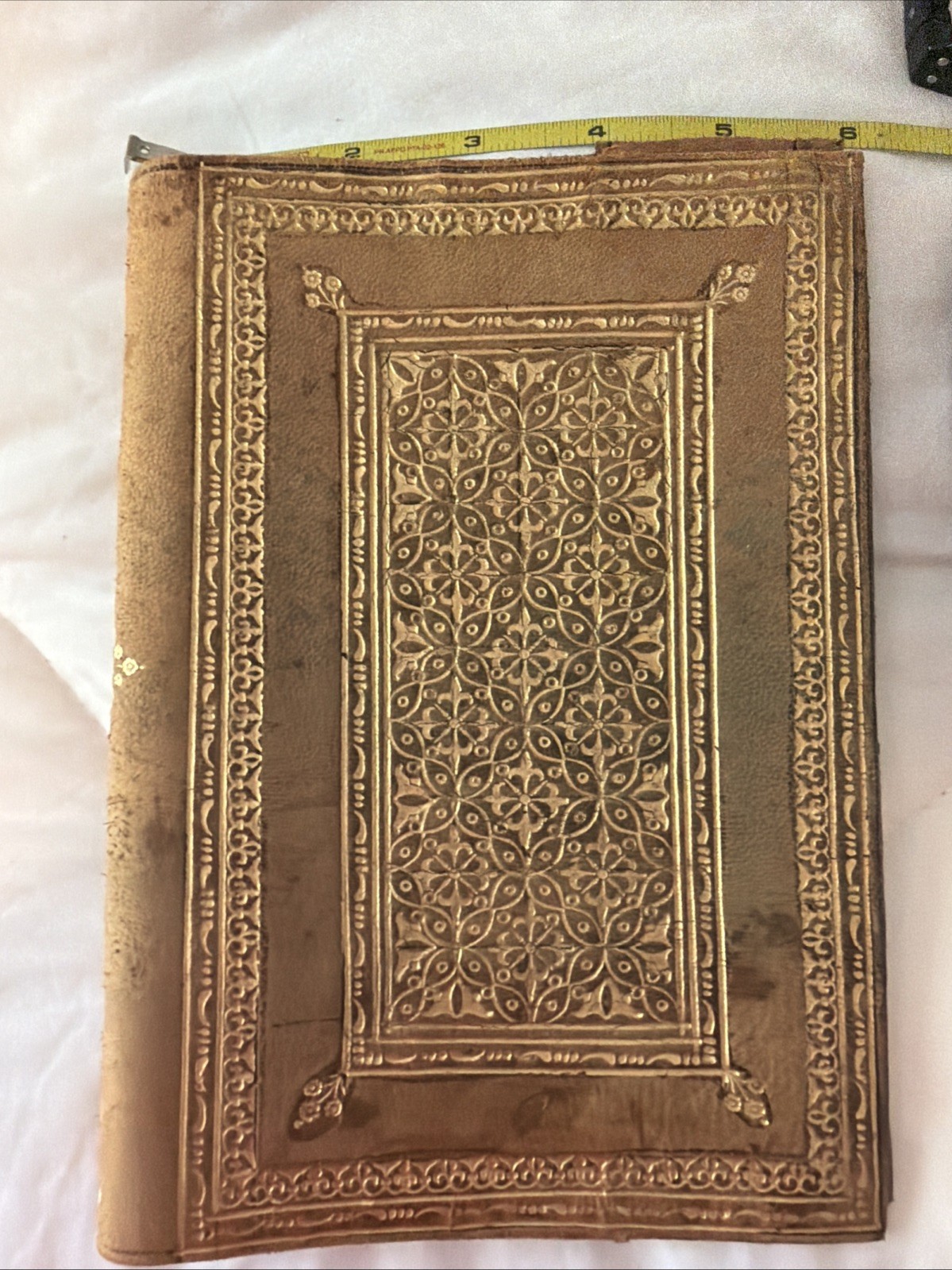 Antique Leather Book Cover with 22k Gold Inlay and Design Art