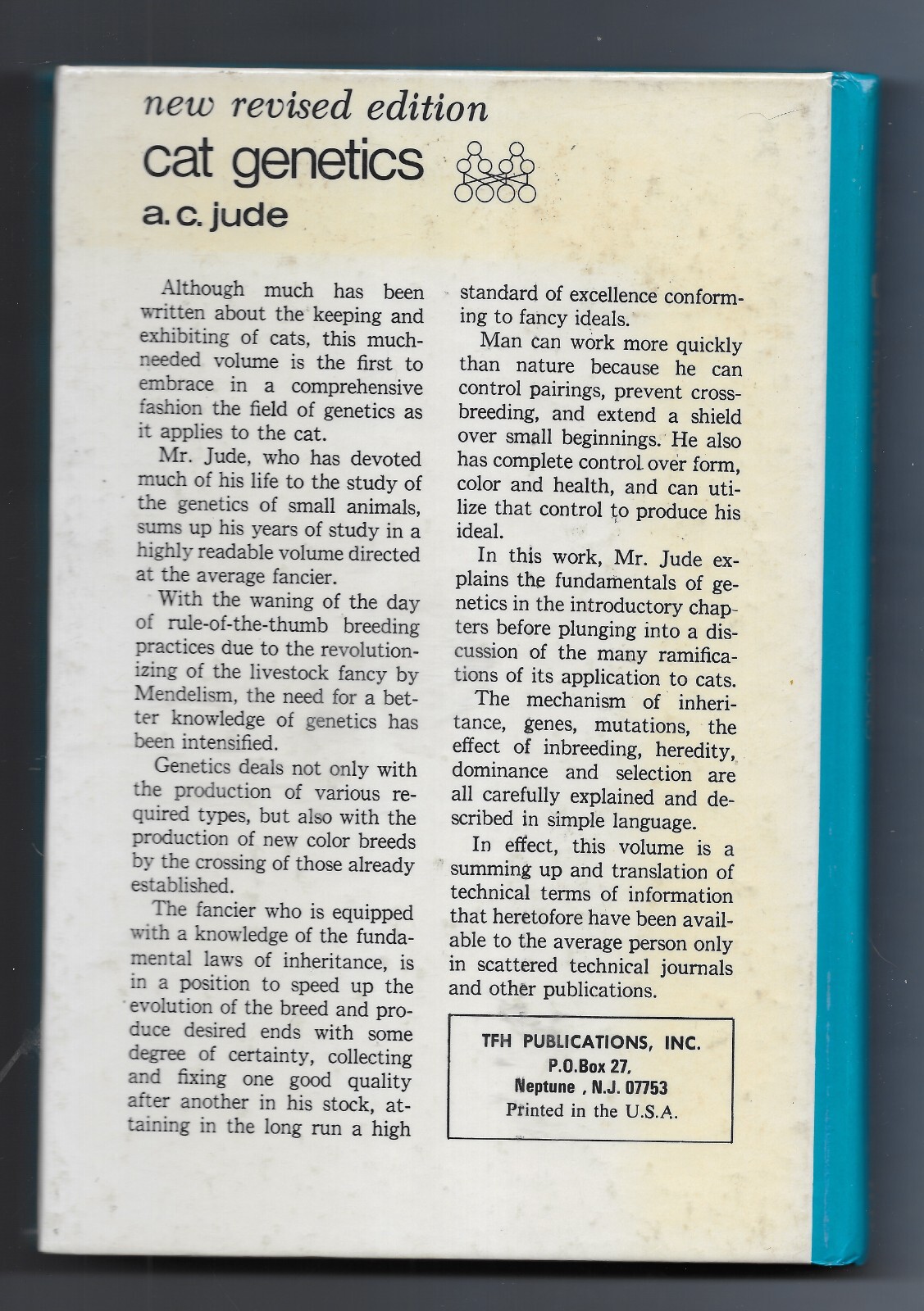 CAT GENETICS by A. C. JUDE 191 pages 1977 HB MINOR WEAR