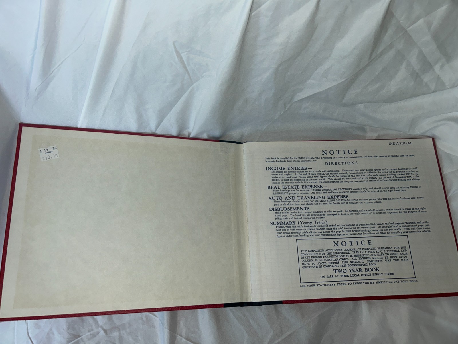 NOS VTG 1900s Individual Simplified Bookkeeping Ledger Red 12 X 9 Two Year Book