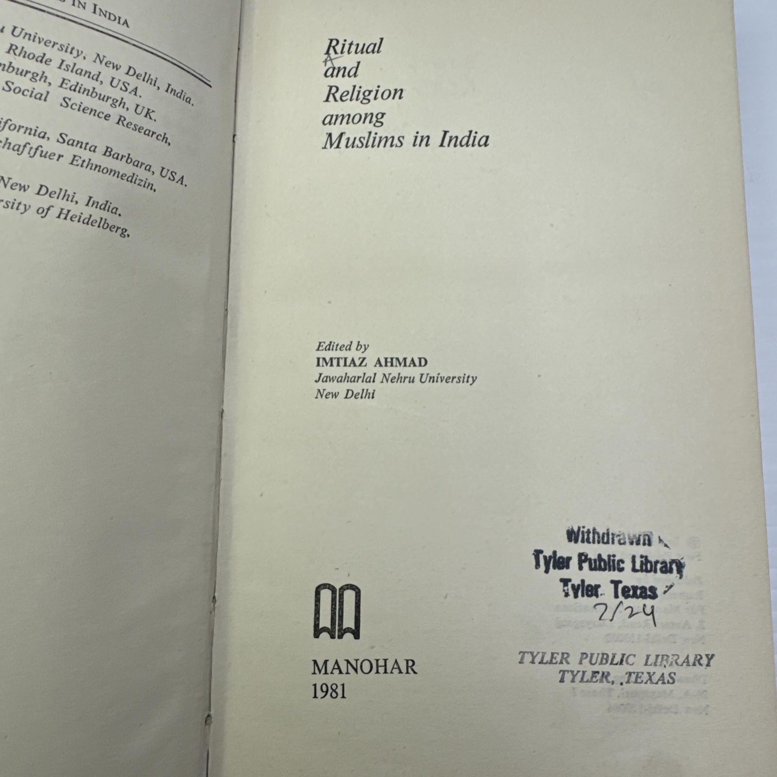Ritual and Religion Among Muslims in India 1981 Ex-Library HC Essays Islam India