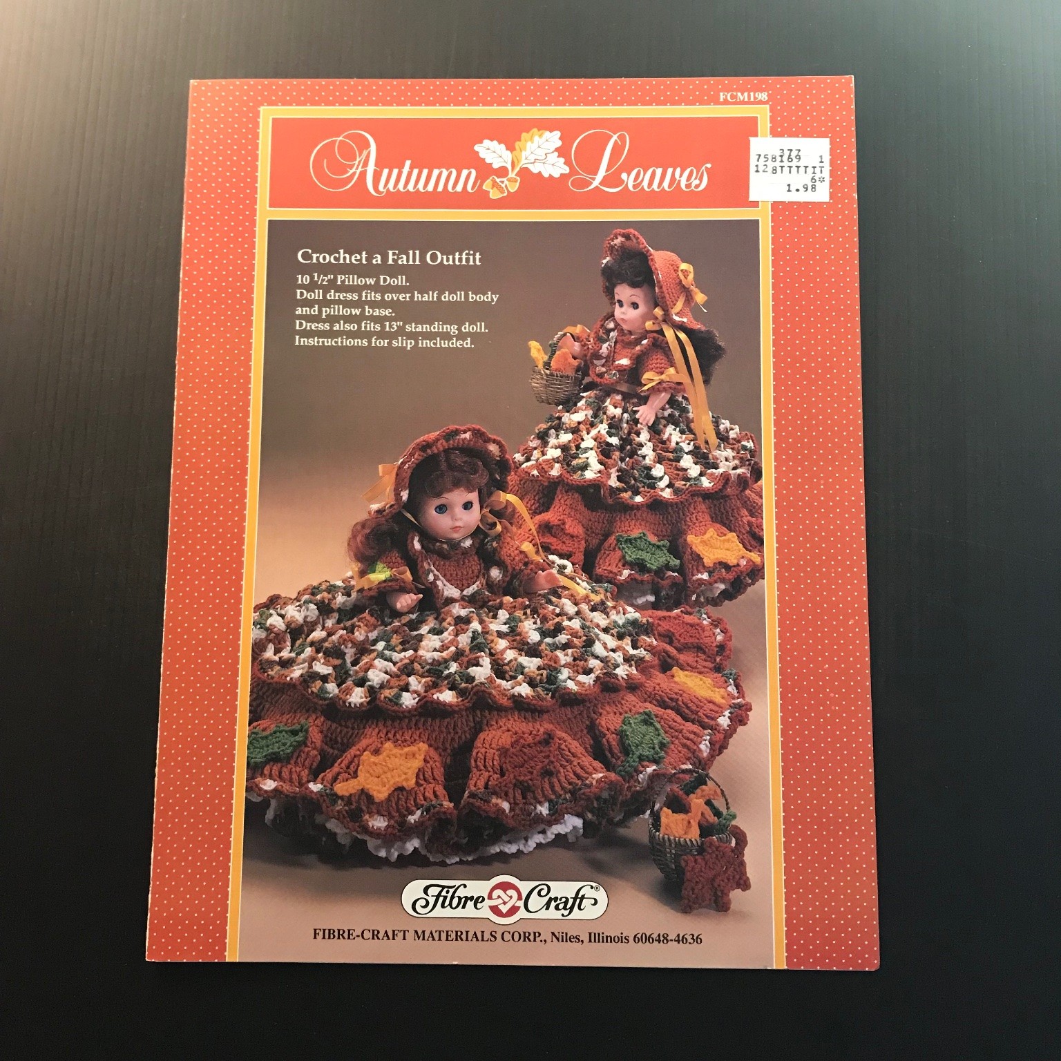 Autumn Leaves Fibre-Craft Crochet Fall Outfit Pillow Doll Pattern 1989 FCM198
