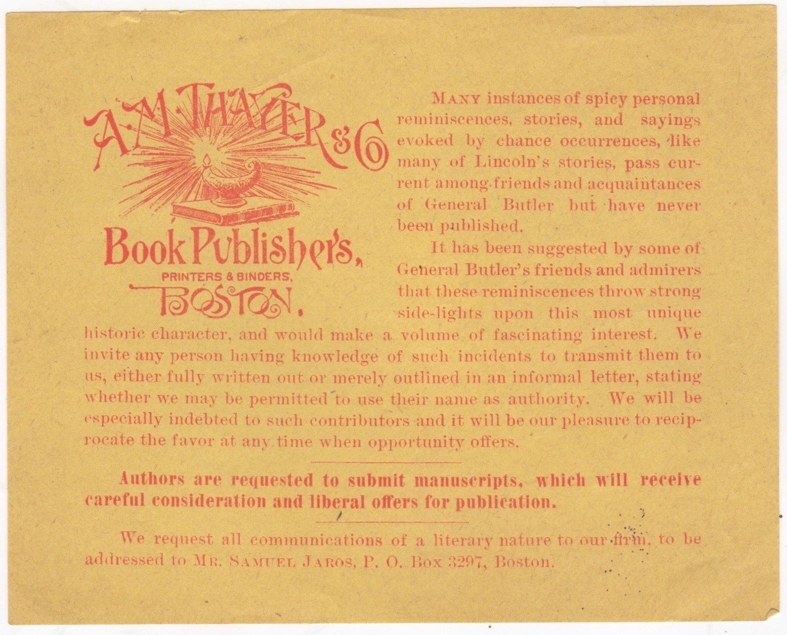 Request for Spicy Reminiscences of General Benjamin “The Beast” Butler ca. 1891