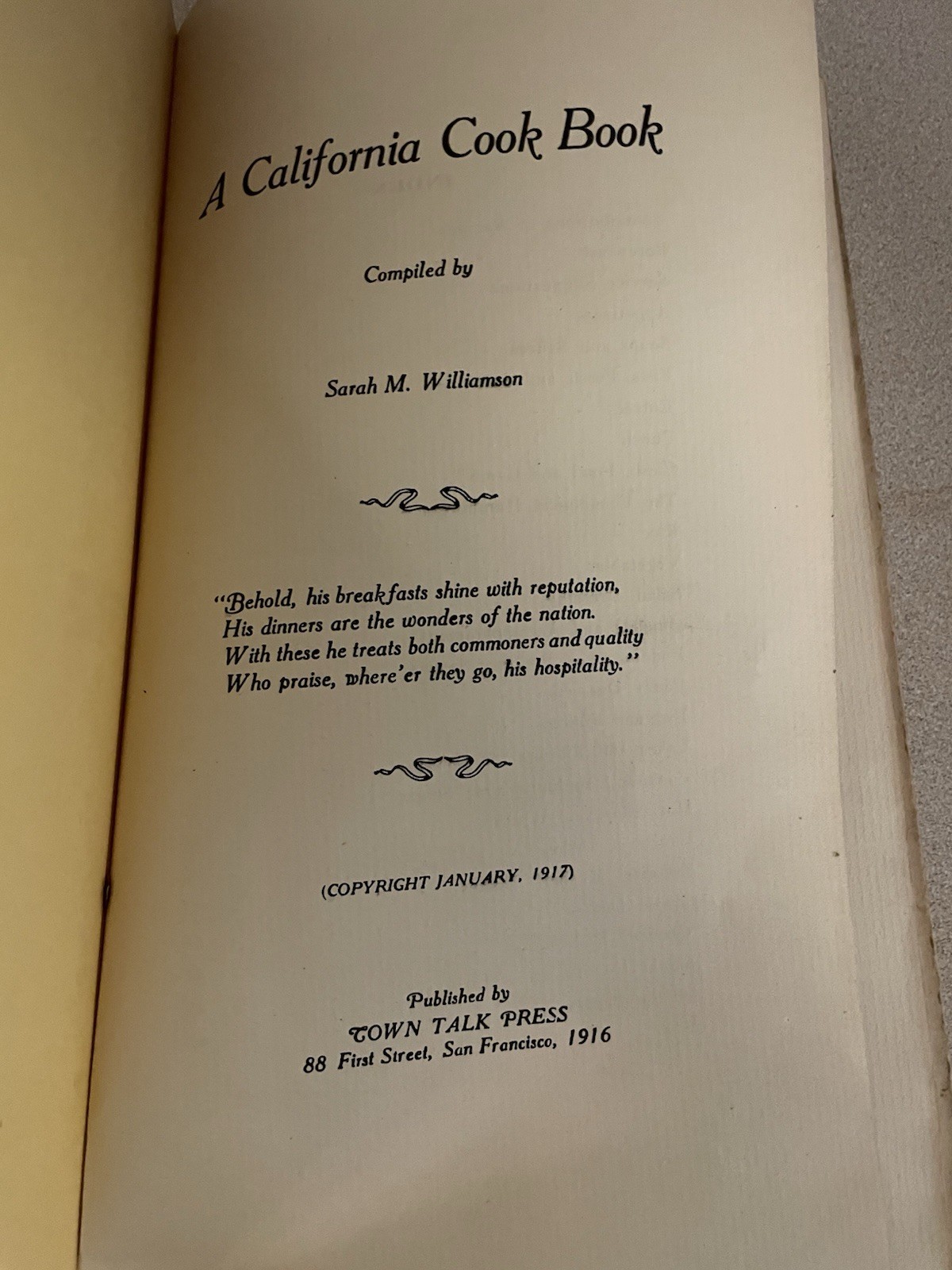 A California Cook Book By Sarah Williamson 1917 Very Rare Read Desc