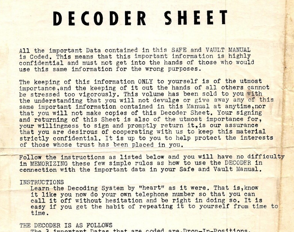 PDF on Disc VTG 1948 Safe and Vault Manual By W.J. Wright W Decoder Sheet
