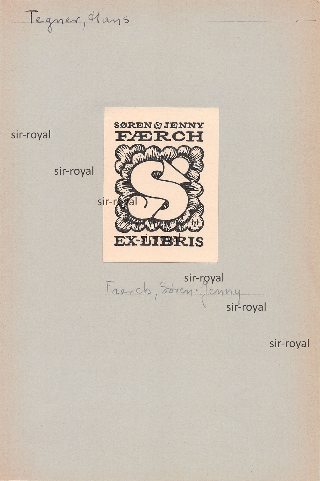 HANS TEGNER – Exlibris für Sören & Jenny Faerch – Dänemark ~5x7cm